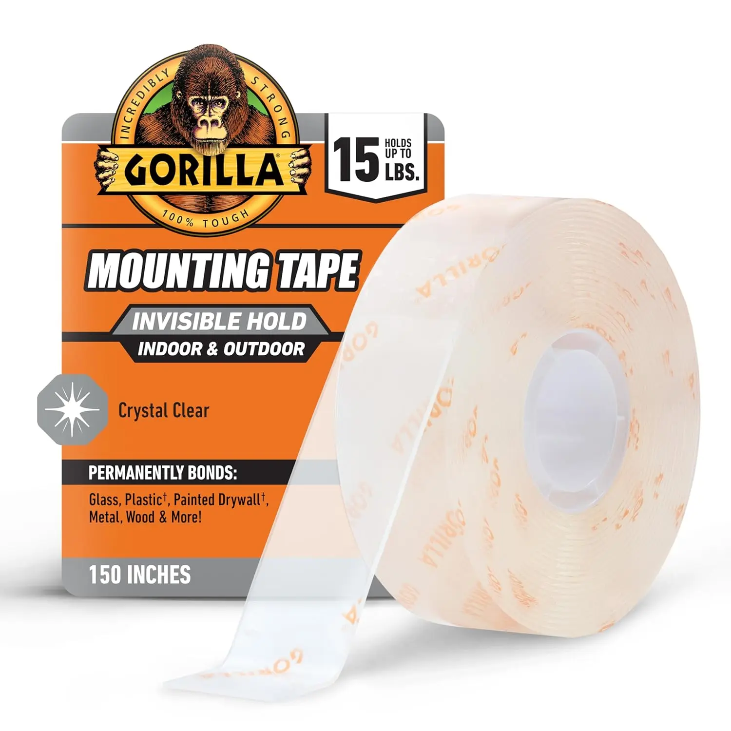 Gorilla Invisible Hold Mounting Tape, 1" x 150" (Pack of 1), Holds up to 15 lbs, Clear Double-Sided Tape for Strong, Permanent Bond, Discreet Adhesive for Classroom and Study Space Setup