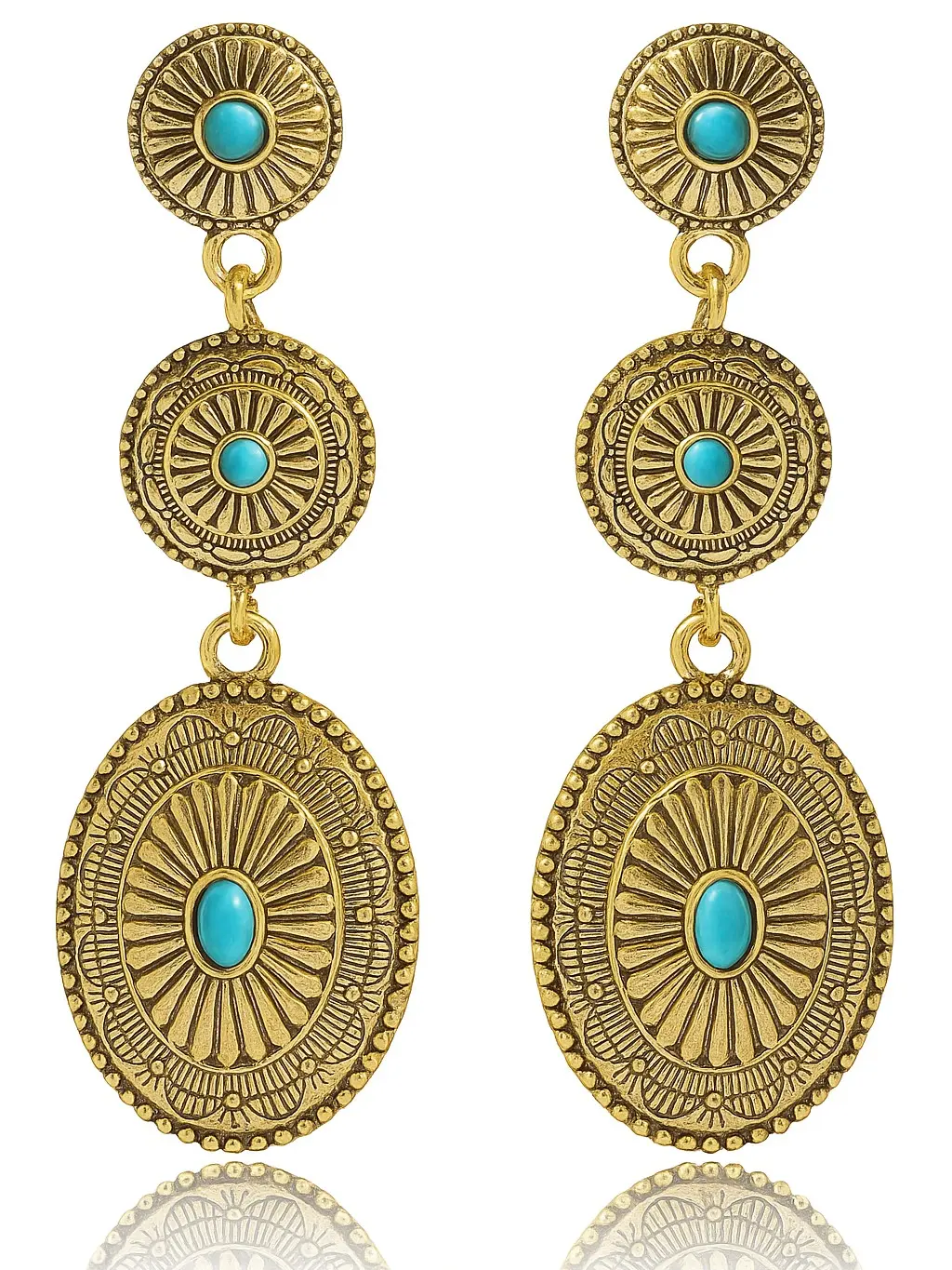 Women’s Retro Western Cowgirl Earrings, Handmade Boho Gold-Tone Concho Dangle Earrings with Gold Turquoise Long Oval Drop, Country Couture Festival Jewelry, Great for Country Concerts & Western Christmas Gifts Genuine Rustic