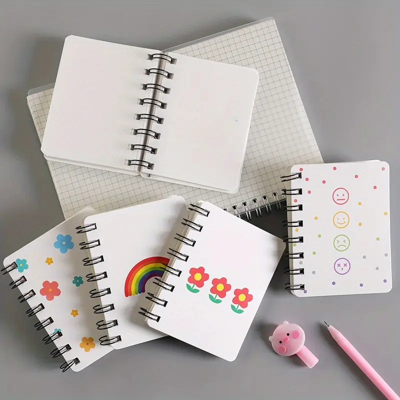 Little Bear Flower Heart Expression Side Flip Ring Notebook A7 Ring Mini Portable Student Pocket Book Spiral Bound Notebook Writing Notebook Aesthetic Notebook Cute Stationery Supplies Journal
