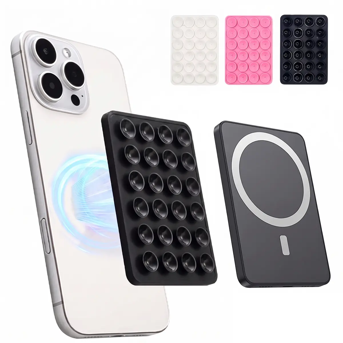 2026 Upgrade Magnetic Suction Phone Mount for MagSafe Case, Silicone Octo Cup Buddy Buddy Sticky Grip Holder for iPhone & Samsung, Hands-Free Removable Selfie/Video for TikTok Influencers Pink Black