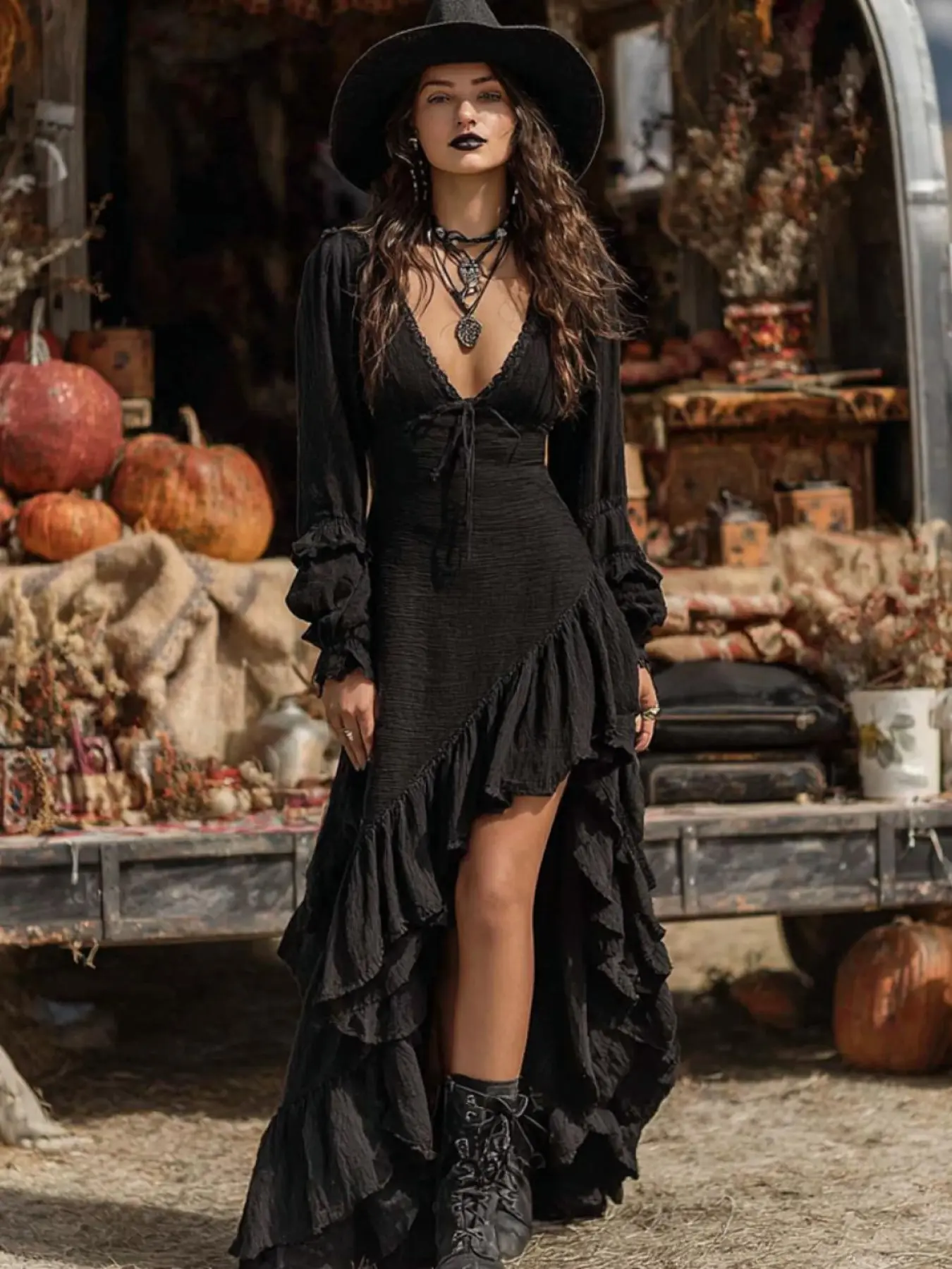 Women's Halloween Gothic Party Ruffle Mystery Witch Dress, Boho Style, Bohemian, Aesthetic, Ethnic Pattern, Short Slim-Fitting, Long Sleeve, Asymmetrical Ruffled Dress, Womenswear