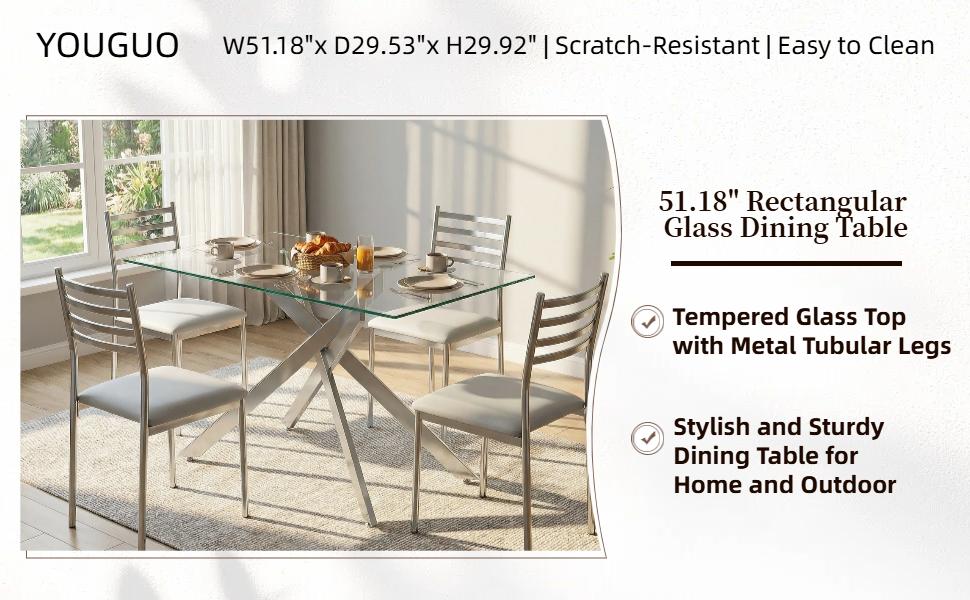 51.18" Rectangular Clear Tempered Glass Dining Table,Stylish Design with Silver Metal Tubular Legs, Dining Table for Dining Room（Only Table）