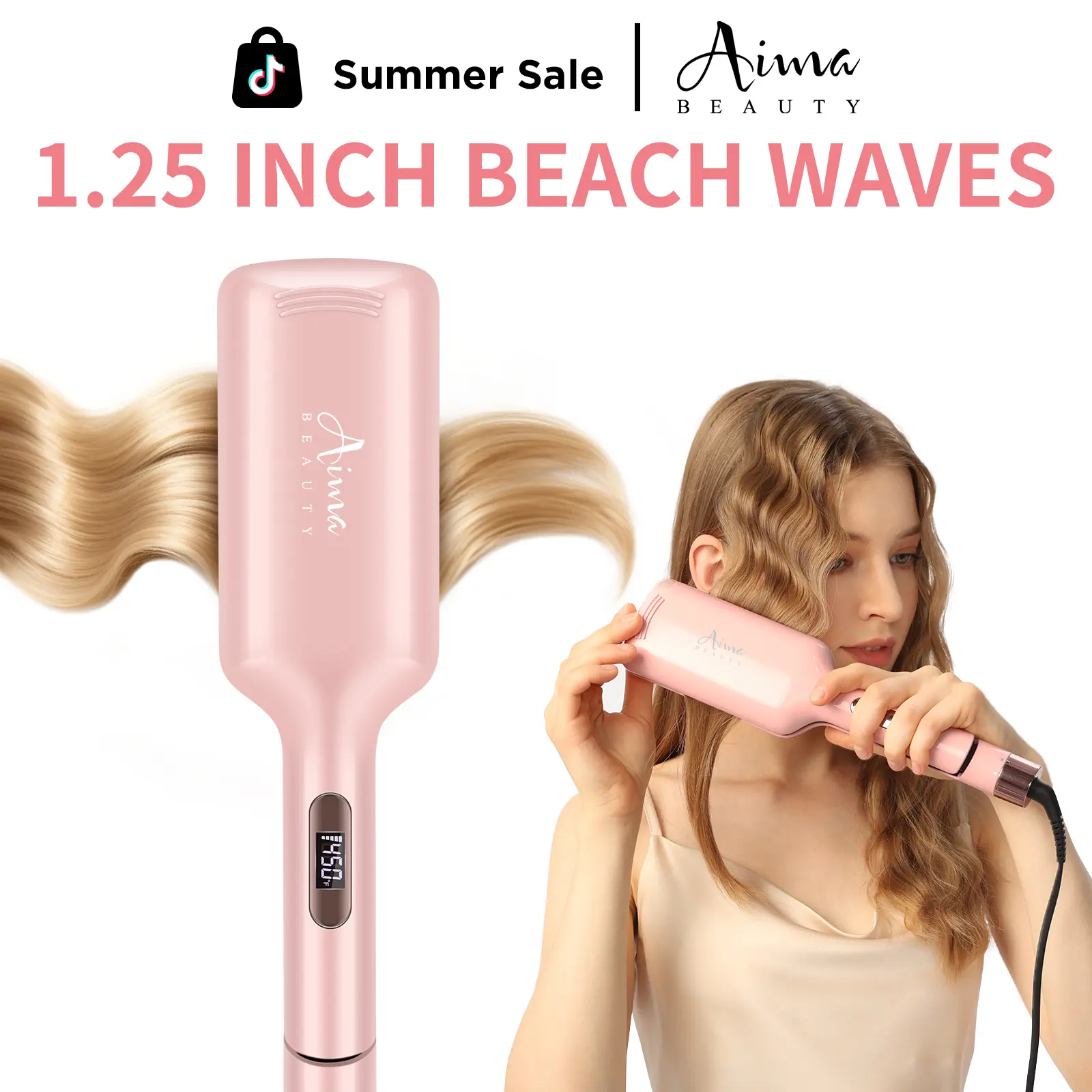Aima Beauty Beach Waves, 1 inch & 1.25 Inch Hair Crimper for Effortless Mermaid Waves,Easy Use Ionic Ceramic 2 Barrel Hair Curler for Frizz-Free, Long-Lasting Deep Waves with Smart Timer Alarm, Adjustable Heat Settings Anti-Scald Dual Voltage Curling Wand