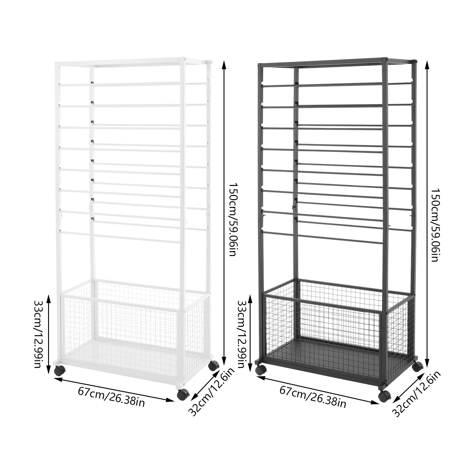Industrial 16 Tier Double Sided Rolling Craft Rack with Locking Wheels for Ribbon Fabric Scarf Storage Display Organizer Heavy Duty Metal Shelving Unit Black White Freestanding