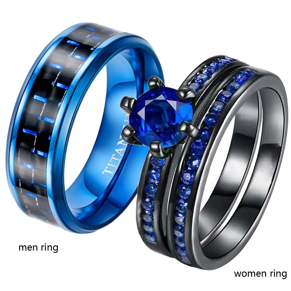 Ringcrown Couple Rings Matching Ring Blue 1ct AAA CZ 2pcs Women Wedding Ring Sets For Him And Her Ring Sets Men Titanium Steel Wedding Band