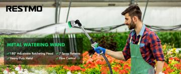 RESTMO Metal Watering Wand, Garden tools, Heavy Duty Garden Hose Wand with 180° Swivel Ratcheting Head, 16-Inch Hose Nozzle Sprayer with 7 Spray Patterns and Flow Control, Ideal to Water Hanging Baskets and Shrubs
