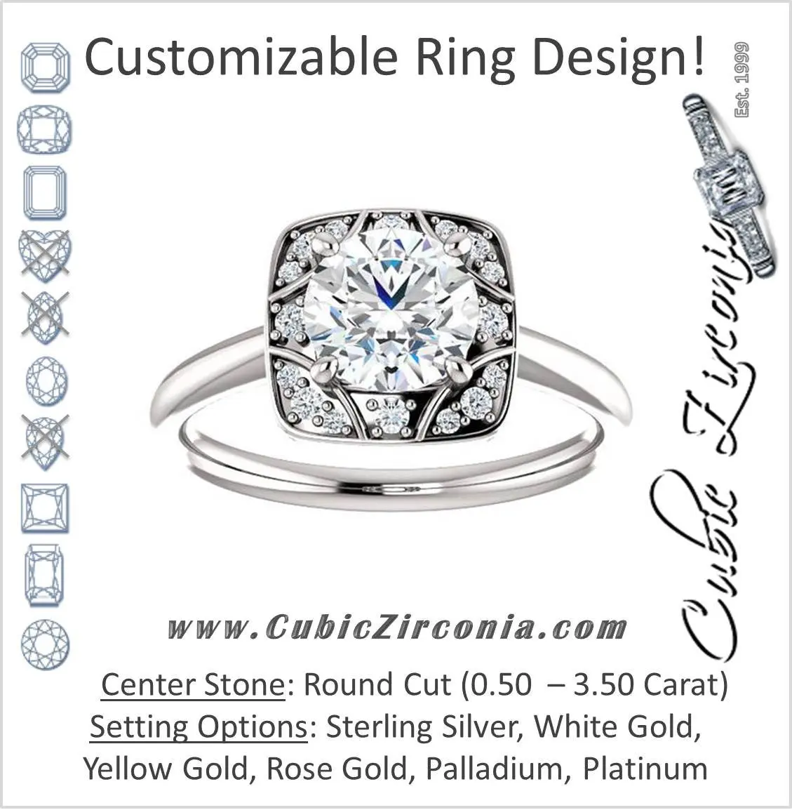Cubic Zirconia Engagement Ring- The Rachal (Customizable Segmented Cluster-Halo Enhanced Round Cut Design with Thin Band)