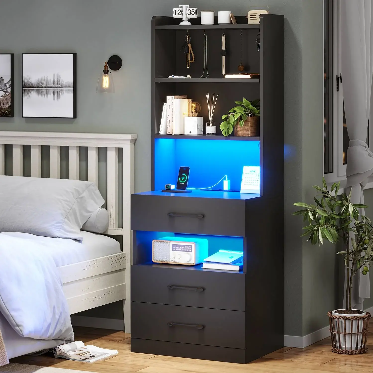 Sikaic Tall Modern Bedroom Nightstand with Charging Station, RGB Lights, MDF Wood Construction, Drawer and Storage Shelves for Dream Room (Black), Bedside Table
