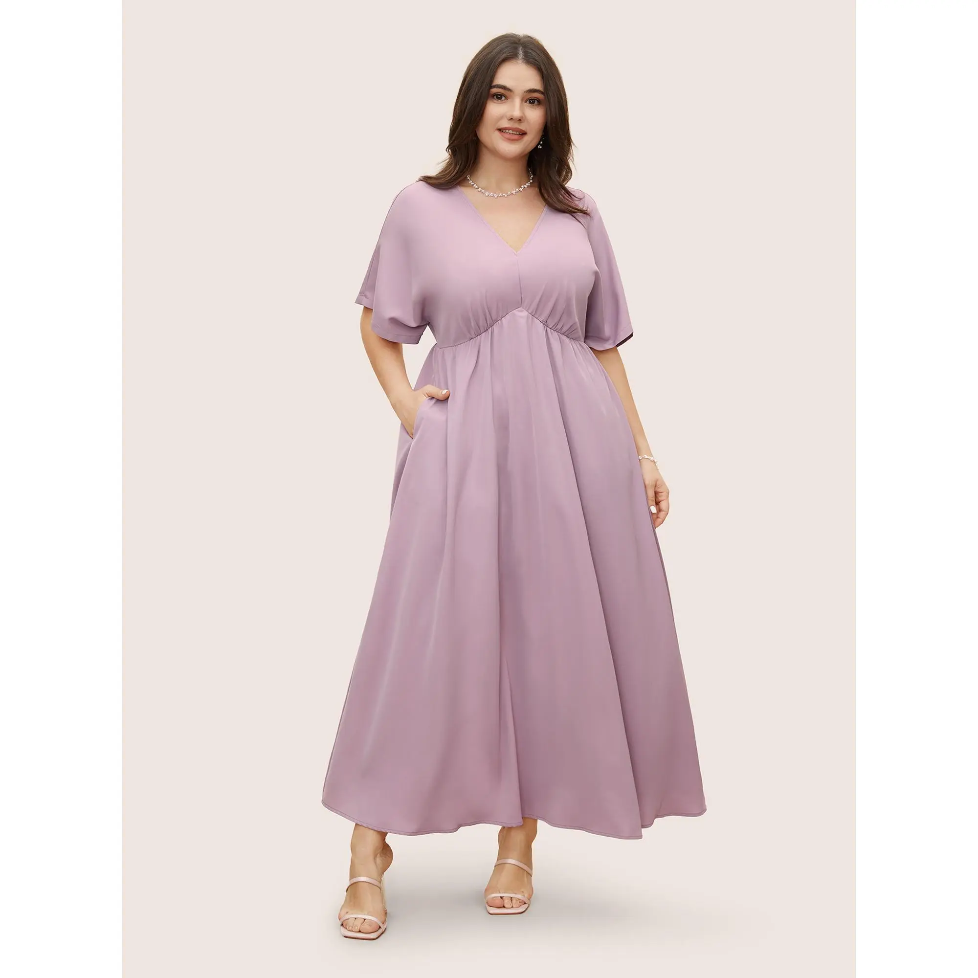 Women's Casual Party Maxi Dress in Solid Heather Polyester with Batwing Sleeves, Deep V-Neck, Elastic Waist and Pockets, Garment, Lady, Fabric, Formal, Half Sleeve, Maxi Length, Regular Size, Side Pockets, Fit, Cold Wash