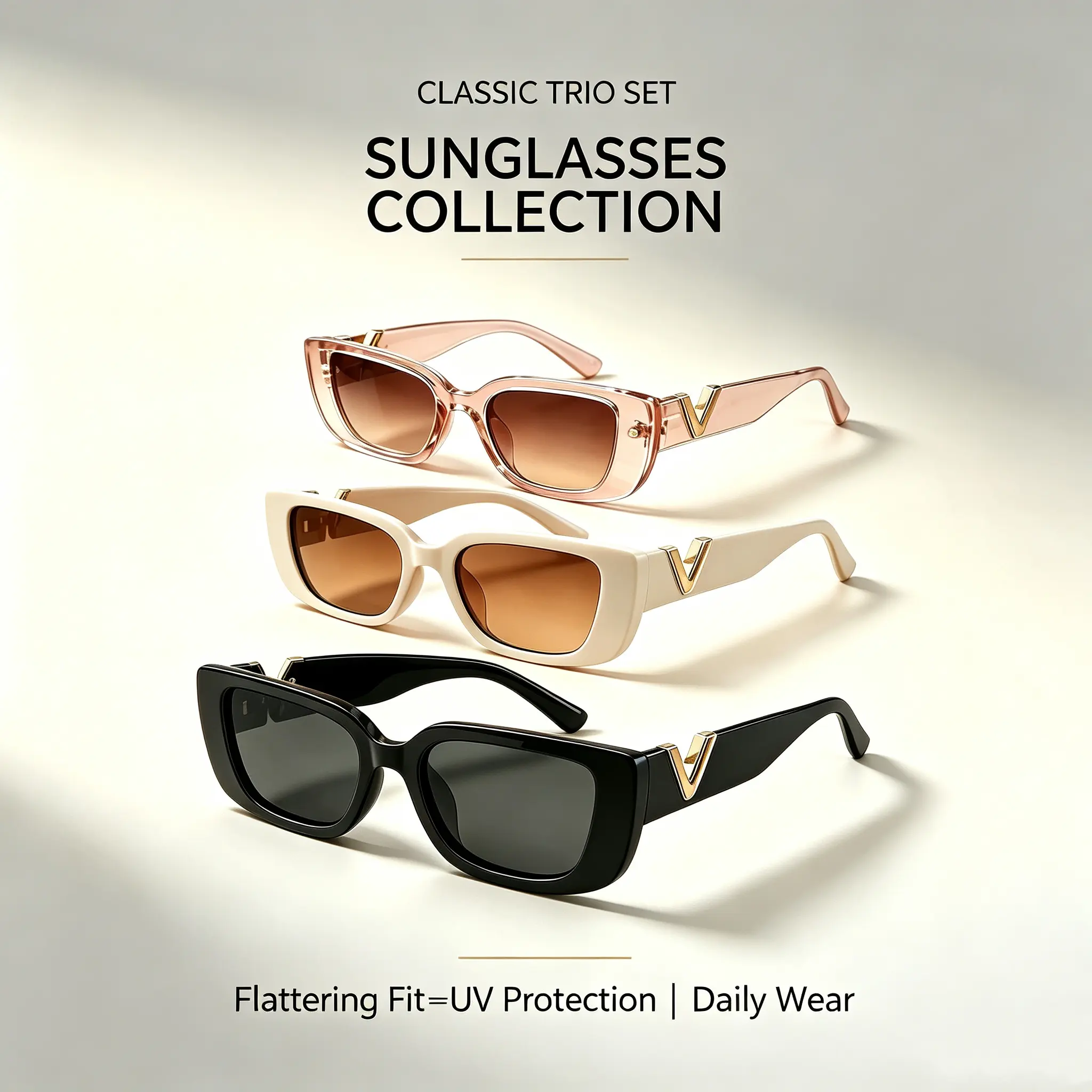 Unisex 3-Pack Luxury Gold V Logo Chunky Frame Sunglasses, UV400 Lenses, Square Face Fit, Slimming Vintage Shades, Daily Wear, Glasses for Women