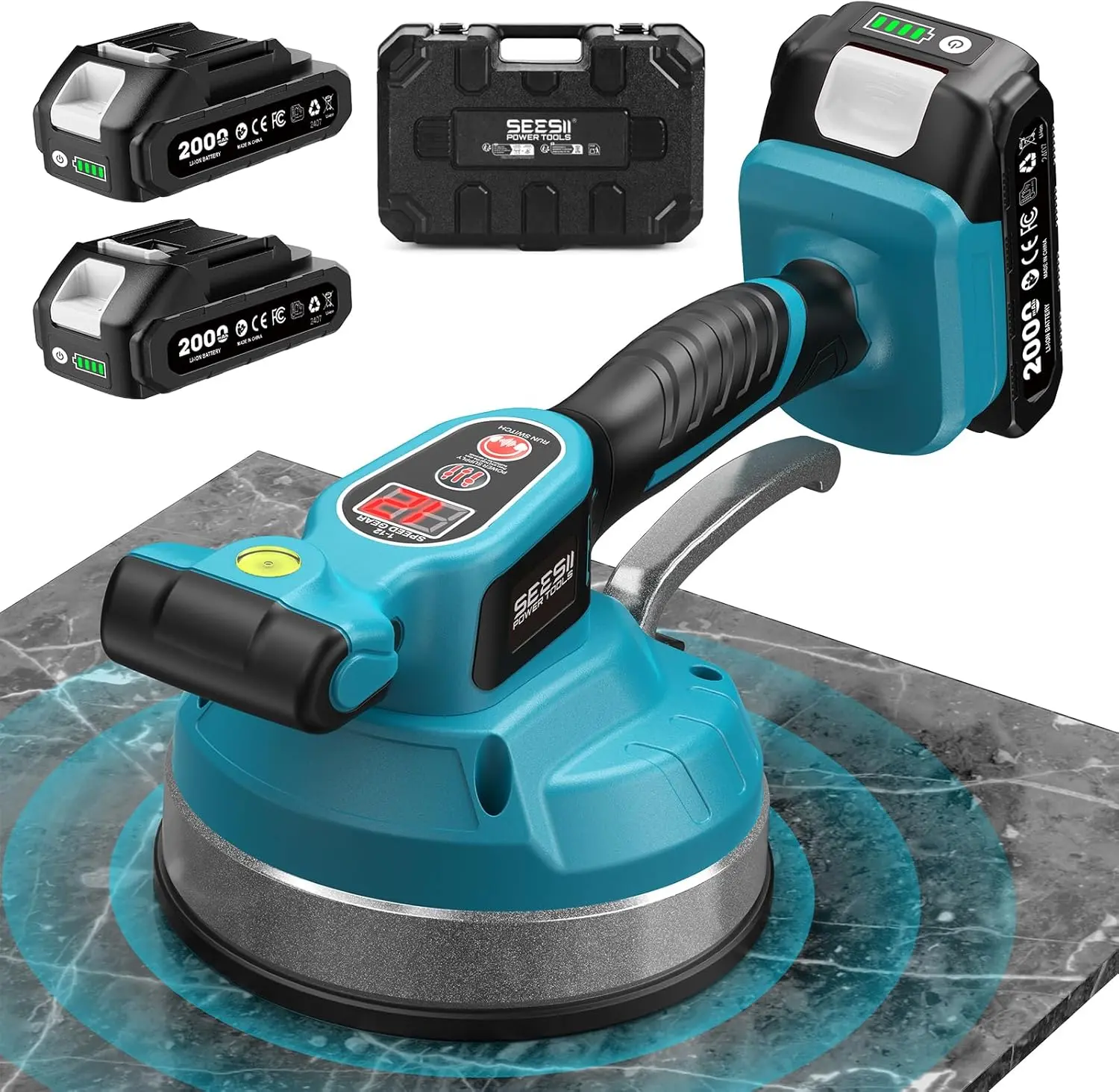 【SEESII】Cordless Tile Vibration Power Tool, 2-in-1 Leveling Machine with 2×2000mAh Batteries, 16mm Large Suction Grip, 12 Adjustable Vibration Levels with LED Display for Porcelain/Granite Floors (Pro & DIY Users)