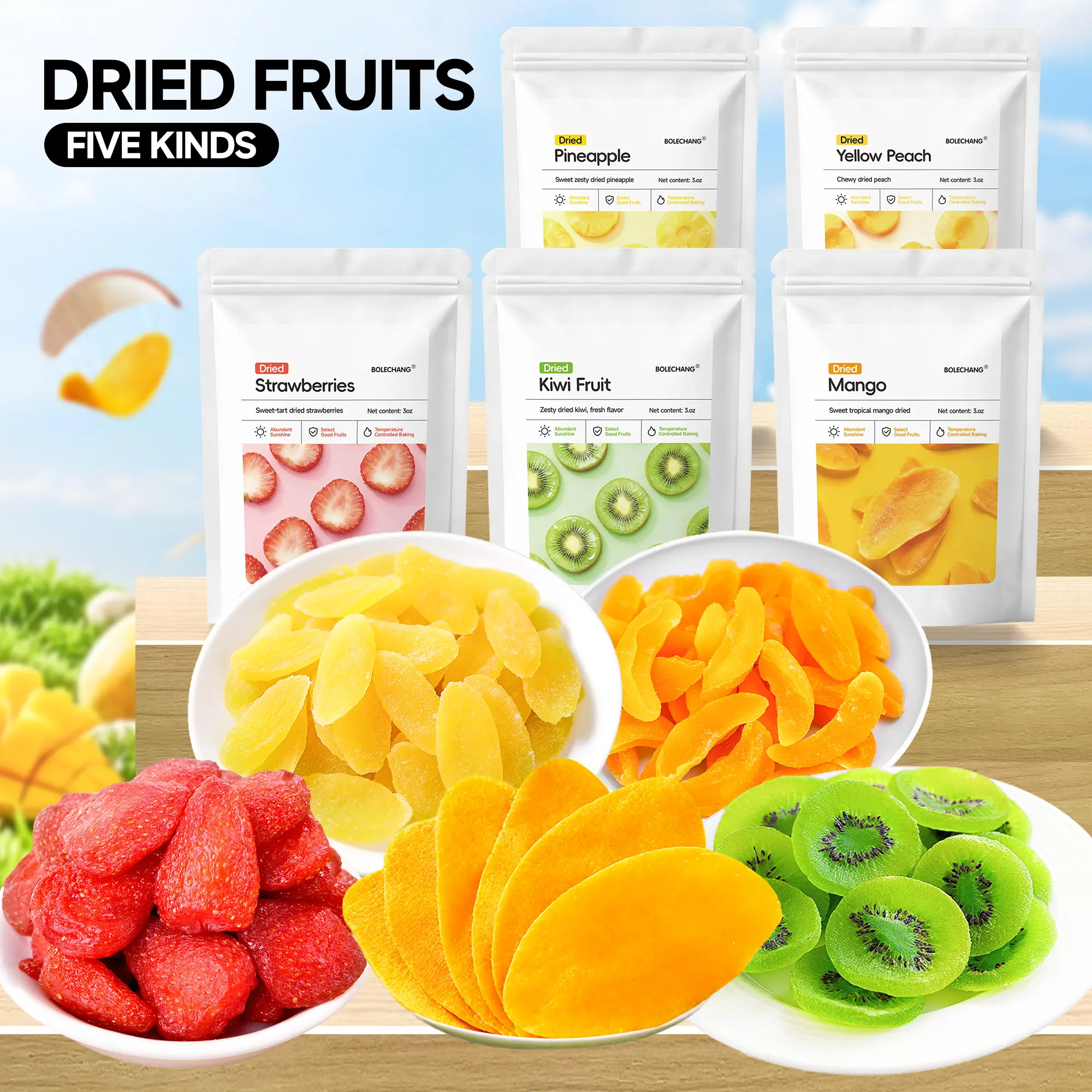 A variety of dried fruits, Mango, Pineapple, Strawberry, Kiwi, Yellow Peach, Healthy Snacks for Adults & Kids, No Artificial Preservatives,Trail Mix, Office Snacks,On-the-Go Snacks,Vegan-Friendly,camping essentials