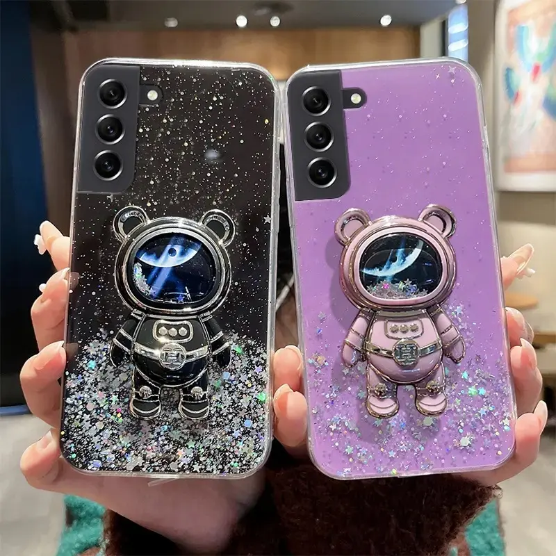 CF Case Quicksand Astronaut Phone Case For Samsung A52S A33 A32 A22 A12 A03S For Samsung A71 A53 A23 A13 A72 Inflatable Bear Stand Cover for Women Girls, Girly Cute Spaceman Love Heart.
