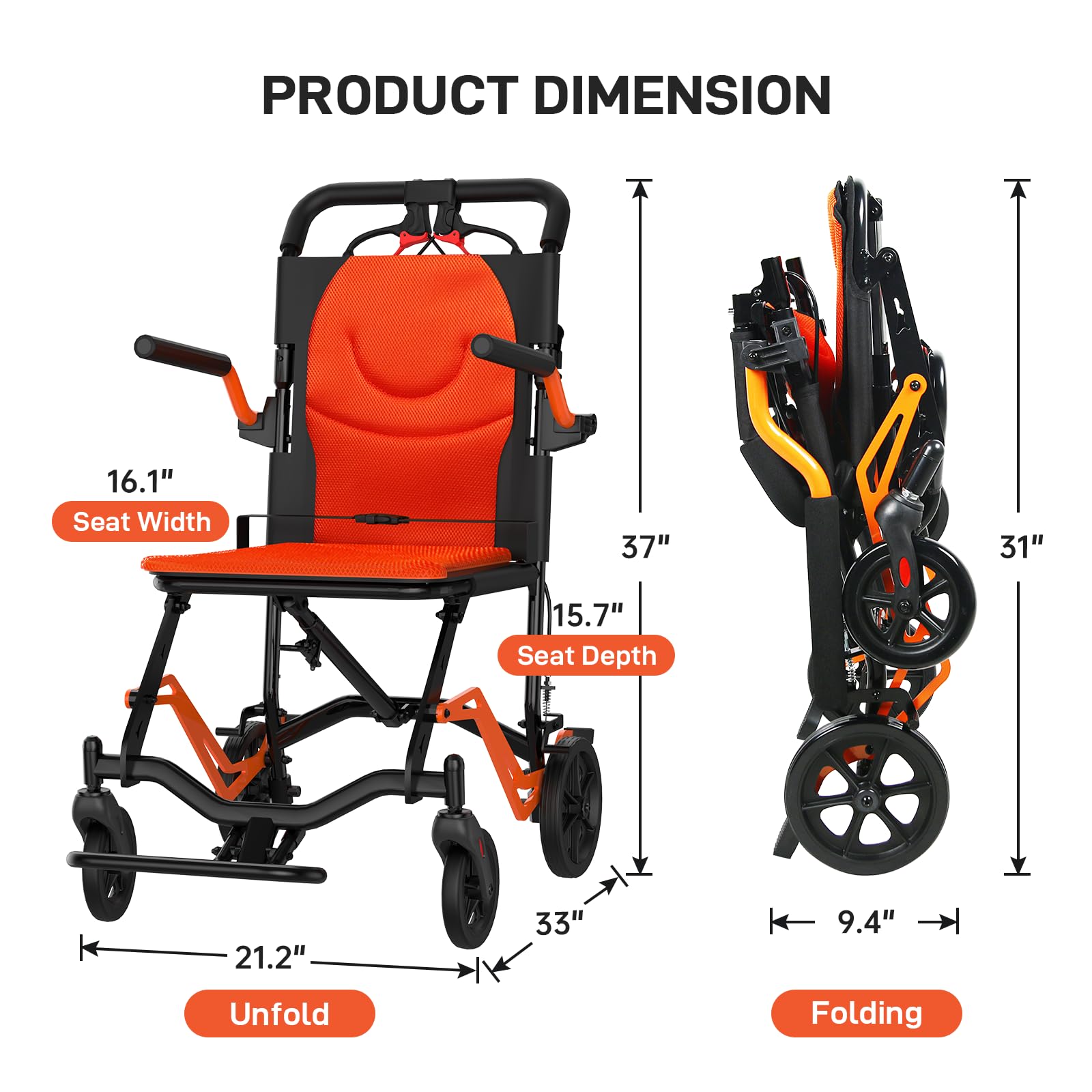 【GARVEE】Portable Lightweight Folding Transport Chair with Locking Handbrake, Removable Flip Armrests, Aluminum Alloy Frame, Swinging Footrests, Supports 220 lbs, Ideal for Indoor & Outdoor Use