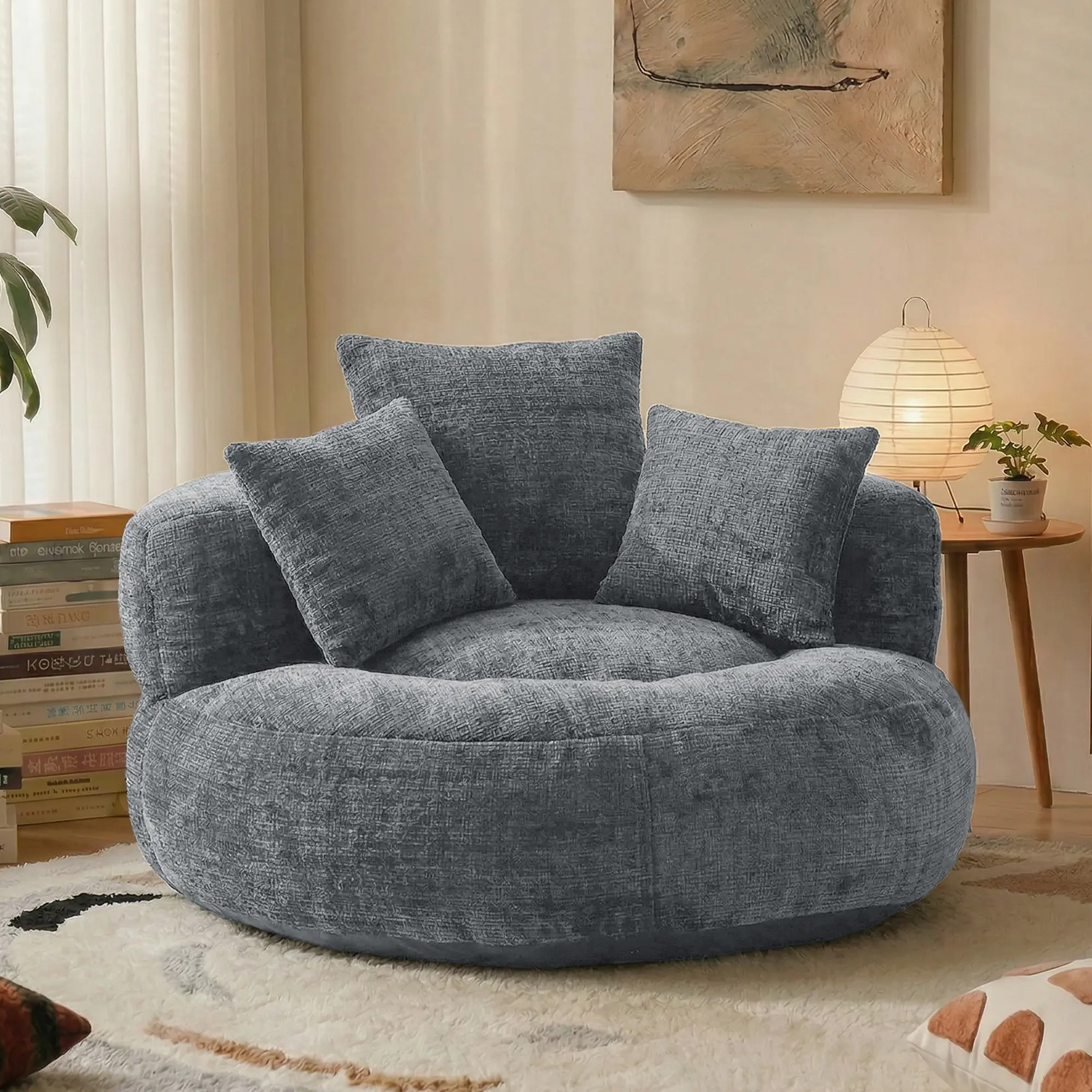 42" Cozy Bean Bag Chair, Comfy Round Lounger Sofa Chair in Luxurious Chenille Fabric, Soft Shredded Sponge Filled Lazy Bean Bag Chair Alternative with Pillows for Living Room Bedroom