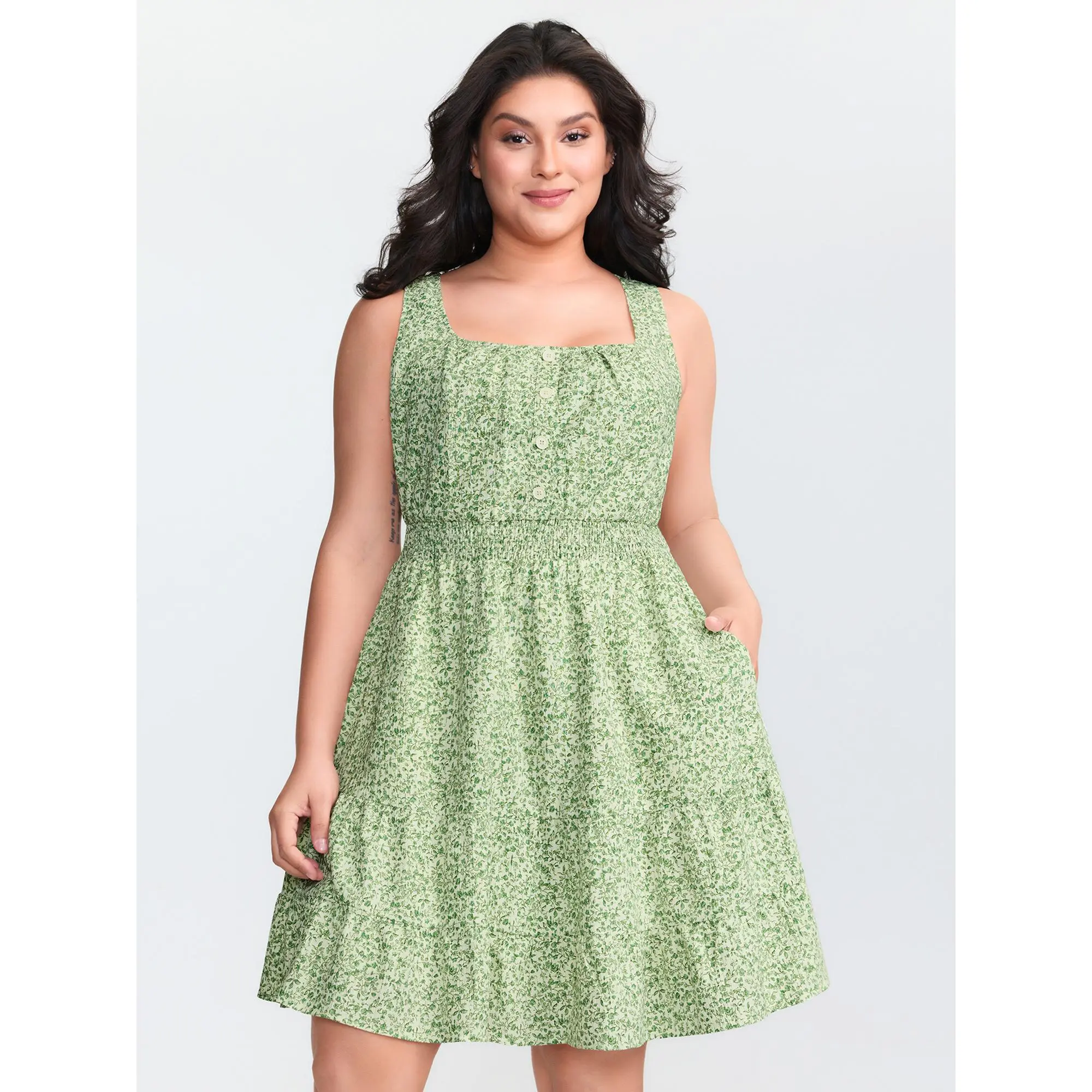 Women's Cottagecore Ditsy Floral Mini Dress, Casual Sleeveless Summer Sundress in Smooth Polyester with Square Neck, Ruffled Hem, and Pocket, Garment, Button, Casual Wear, Fabric, Flowers, Polyester Shell, Cold Wash, False Placket, Cottagecore Charm