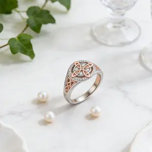 September Laurel  Rose Gold Plated Witches Knot Ring, Anillo Nudo de Bruja Original Celtic Knot Jewelry, Cubic Zirconia Decorated Witch’s Knot Ring, Witchtok Witch Jewelry Pagan Jewelry for Devotion and Protection Valentine’s Day gift