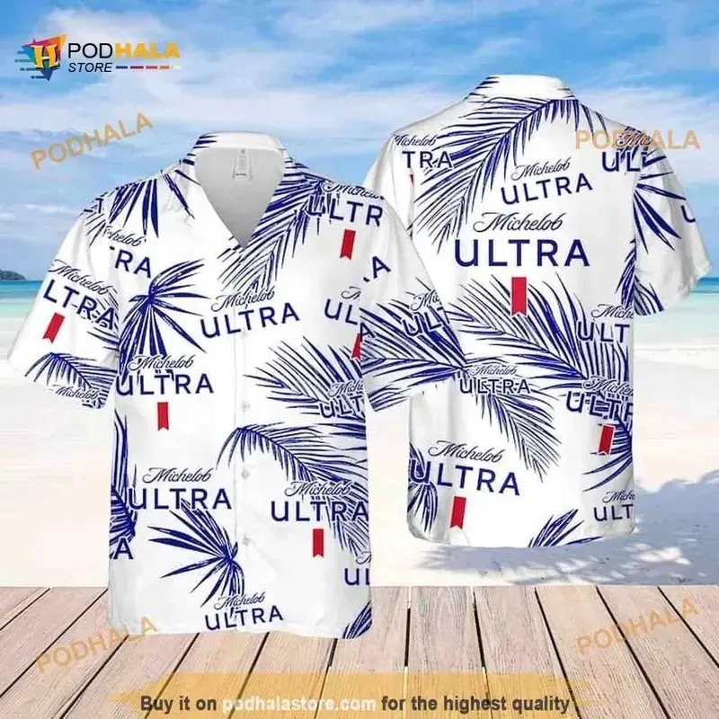 Michelob Ultra Aloha Shirt Men Women White Blue Tropical Palm Leaf Beer Brand Print Button Down Beach Travel Summer Spring Loose Cool Casual Fan Streetwear Tee