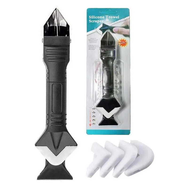 5 in 1 Silicone Caulking Tool, Glass Glue Angle Scraper with 5 Counts Different Radius Replacement Silicone Pad, Double Headed Caulk Remover, Home Repair Tools