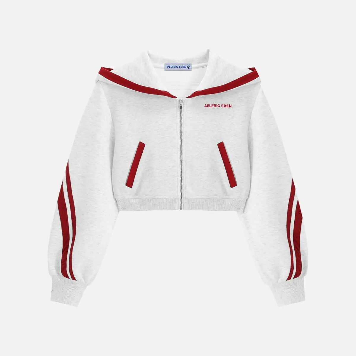 Aelfric Eden Unisex Ribbed Striped Boxy Cropped Zip-Up Hoodie, Sailor Collar, Contrast Stripe Sleeves, Stretch Knit Fabric, Everyday Fit Daily Casual Streetwear Top,summerwins,father'sdaygifts,back to school,back to school shopping