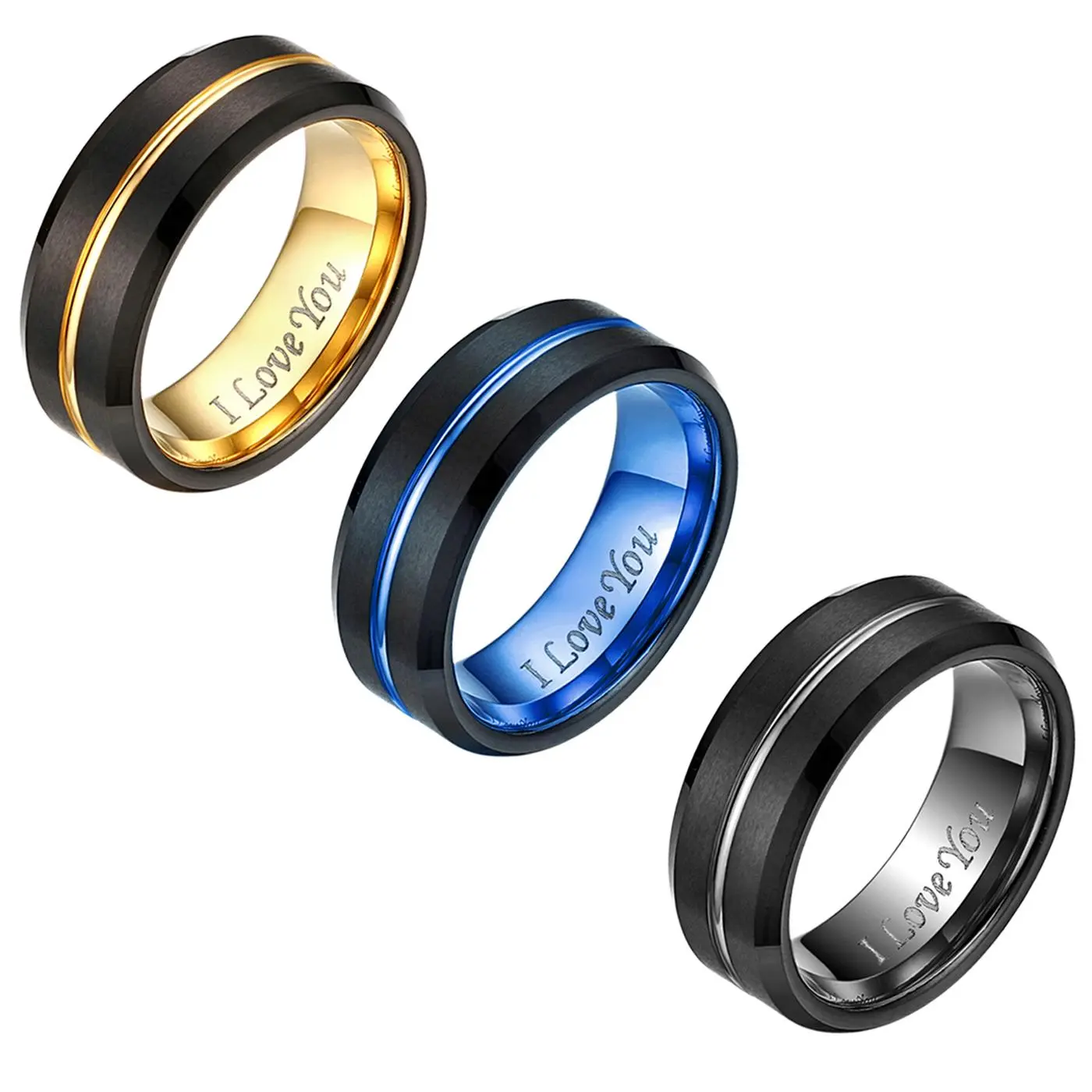 OIDEA 8mm Tungsten Carbide Ring Jewelry, Elegant Virtually Scratch-Proof Ring for Men, Black-Rose Gold with "I Love You" Engraving, Never Dulls Finish Grooved Wedding Anniversary Band, Elegant Ring