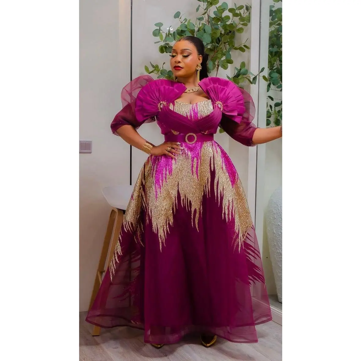 Dramatic Pink Brocade Embellished Party Dress, Wedding Guest Outfit, Mother of The Bride A-Line Gown, Birthday Cocktail