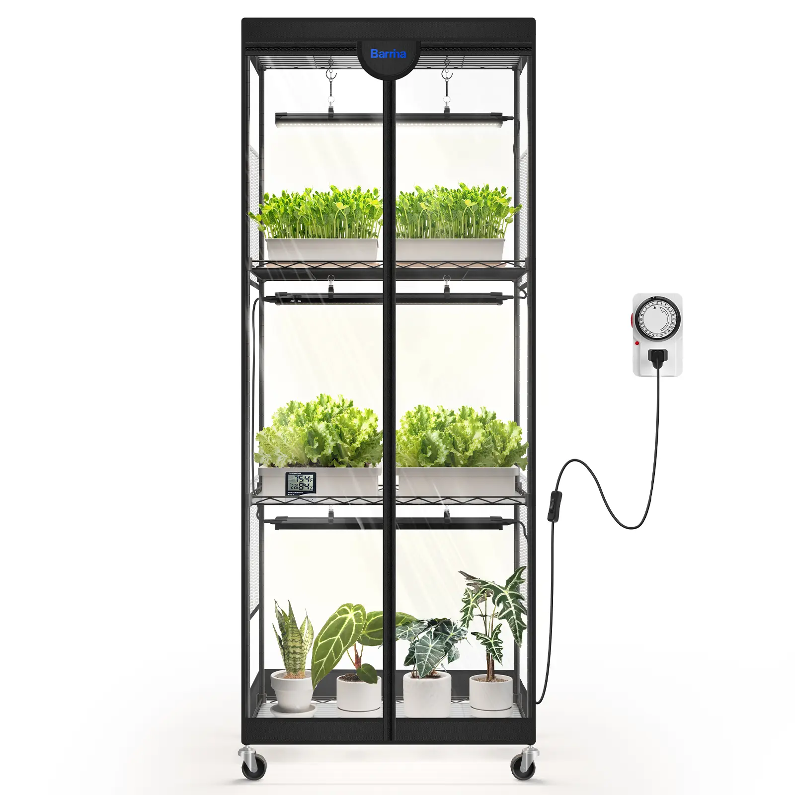 Barrina LP600 Indoor Greenhouse with Grow Light, 75W TX-S25 1.6FT 5000K, 4-Tier Plant Stand with Full Spectrum Lights, Plant Shelf with Tent, Timer & Thermometer for Seed Trays,Growth,23.6x13.8x59.1IN, Grow Tent System