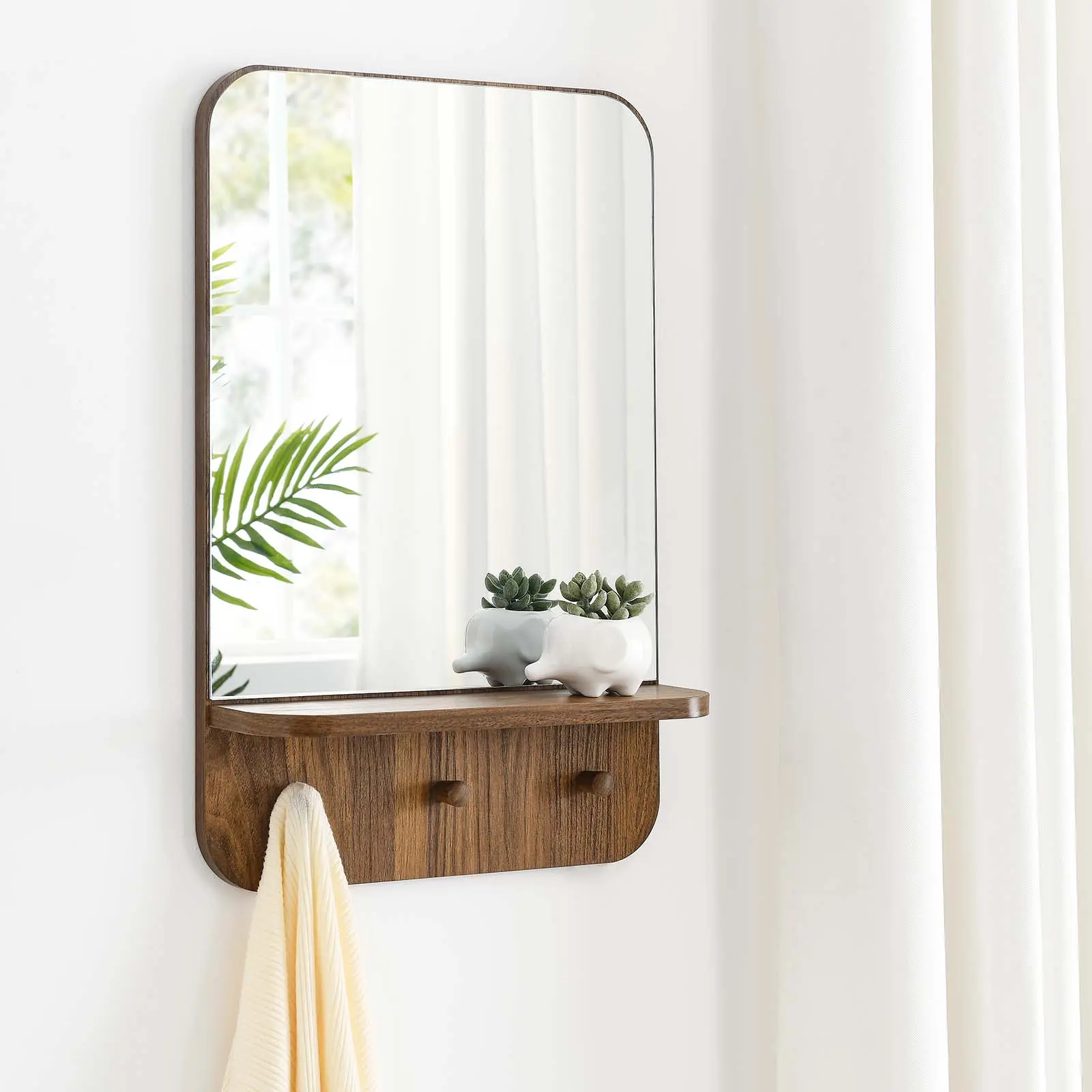 Modway Lumina Modern Rectangle Wooden Mirror - Walnut Home Decor Mirror, Home Decoration Piece with Vanity Organization Storage Small Shelf