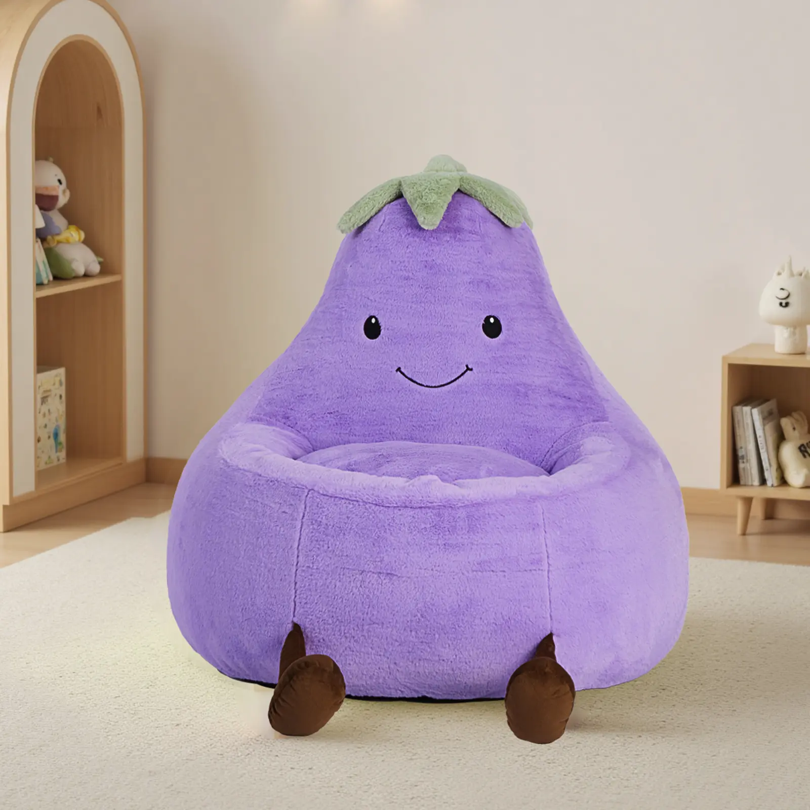 Bean Bag Chair, Cute Eggplant Shaped Toddler Sofa with Memory Foam & Removable Washable Cover, 250LBS Capacity Stuffed Animal Chair with Anti-Slip Base for Bedroom Playroom, Multiple Colors