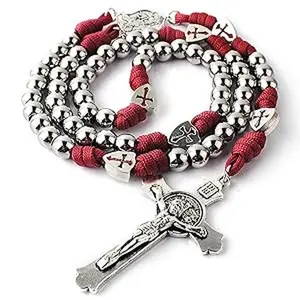 10mm Stainless Steel Beads rosary necklace Large and Heavy Rugged Durable Paracord Rosary for Men, Vintage Cross PrayerBeaded Necklace Cuban Link Chain Adjustable Choker