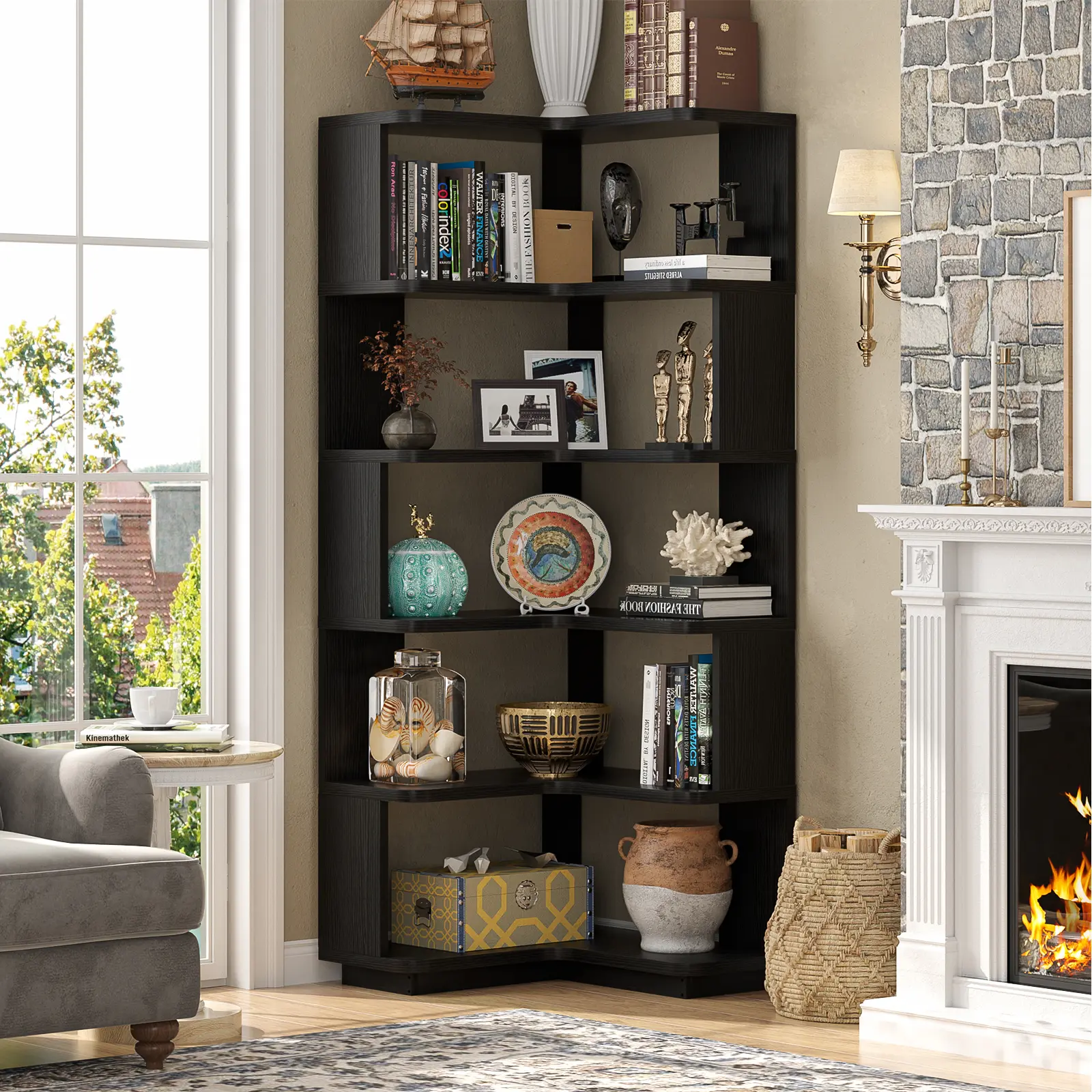Modern Corner Bookshelf - Freestanding L-Shaped Wooden Bookcase with Baffle, Adjustable Storage Shelves, Anti-Tip Kit Adds Peace of Mind, Sturdy Furniture for Small Spaces, Home Office Living Room Decor