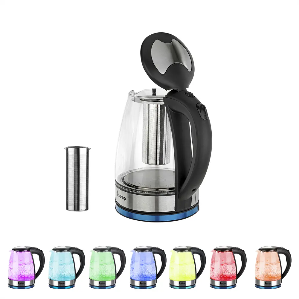 110V 1200W 1.8L Electric Glass Kettle (US Plug) with 7-Colors LED Light Change, 360° Rotatable Base, Auto Shut-Off, Filter, Rapid Boiling, 3.31lbs, 9.1x9.1x9.5in for Coffee & Tea, Kitchen Countertop