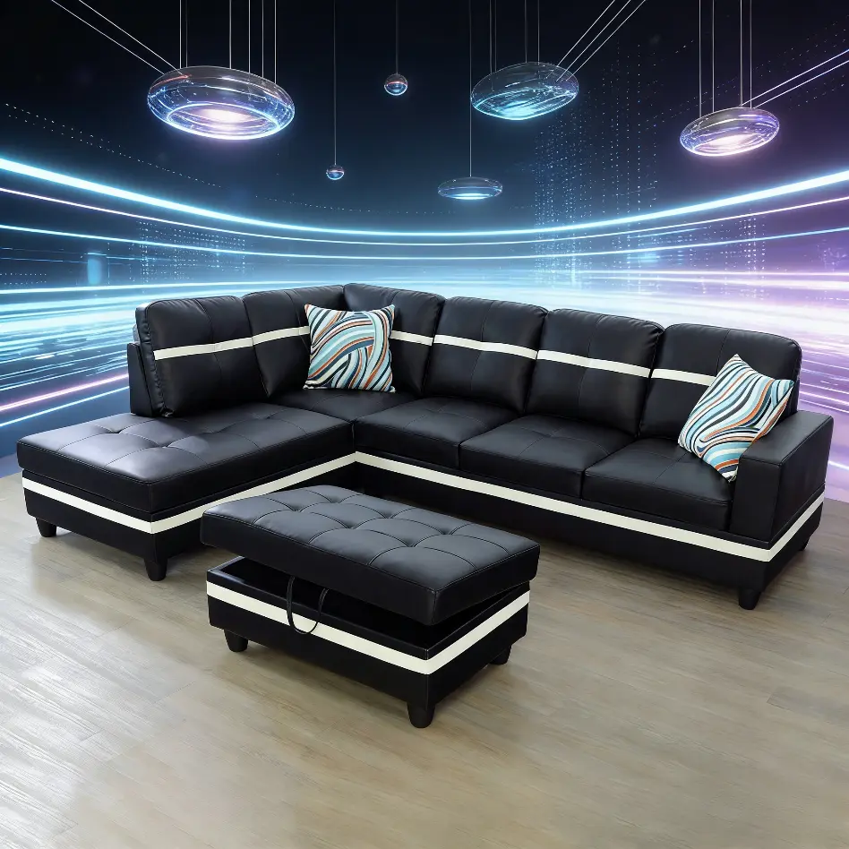 105-in Oversized Faux Leather Reversible Sectional Sofa - 3-Package Shipping, Soft Seats, Sturdy Black & White Upholstered Couch, Adjustable Arms, Hidden Storage, Modern Sofas Set for Living Room Decor Indoor Furniture, Upholstered Couches