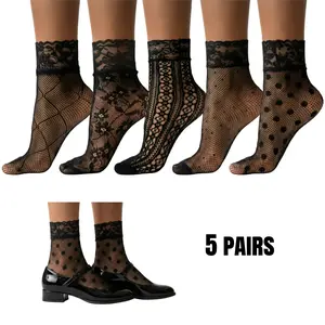 Women's 5 Pack Patterned Lace Ankle Socks - Ruffled Lace Trim Anklet Socks, Elegant Ruffle Edge Design for Comfort, Breathable & Feminine Everyday Wear Date Night Socks