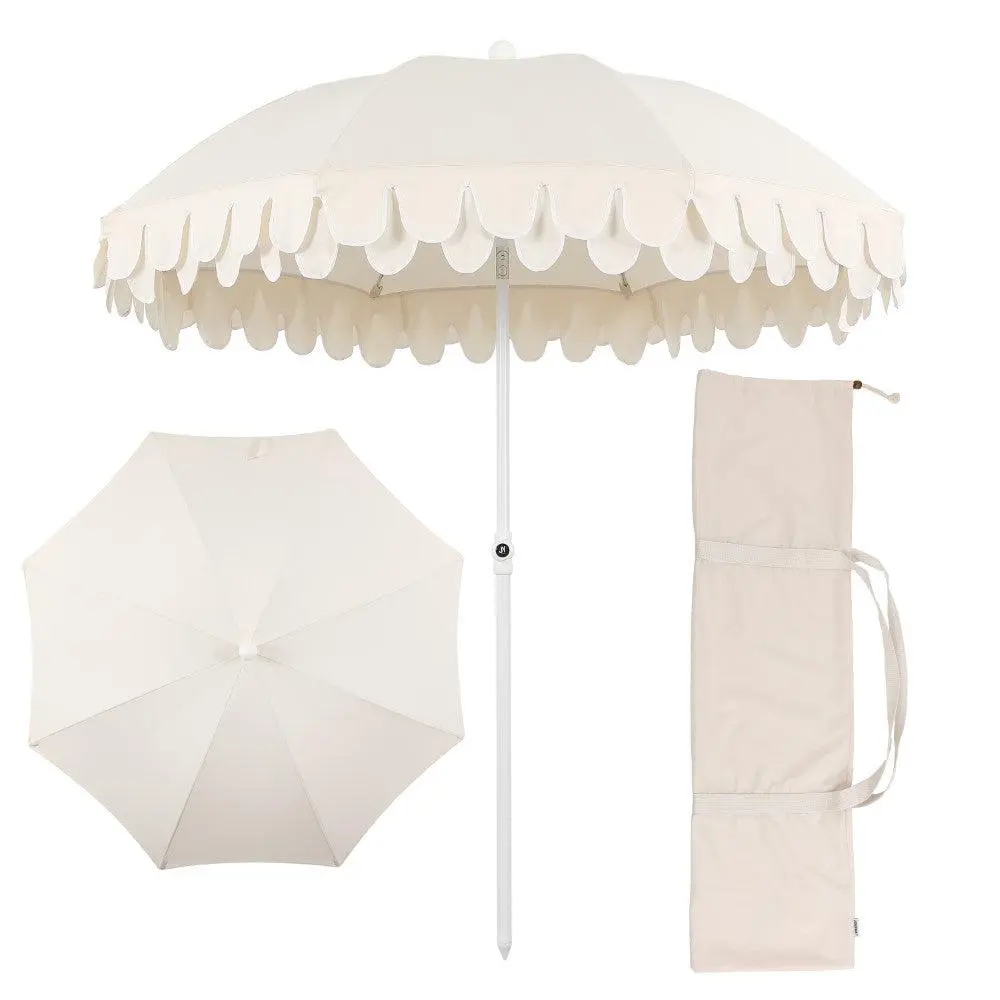 Horizon 6.5ft Tall Classic Mid-Century Scalloped Fringe Outdoor Beach Umbrella - Sturdy Iron Frame, Adjustable Single Pole Parasol, Canopies & Shade, Double Edge, Tilt Button, Portable Beach Sand Grip, Outdoor Umbrellas, Single Pole Parasols, Canopies & S