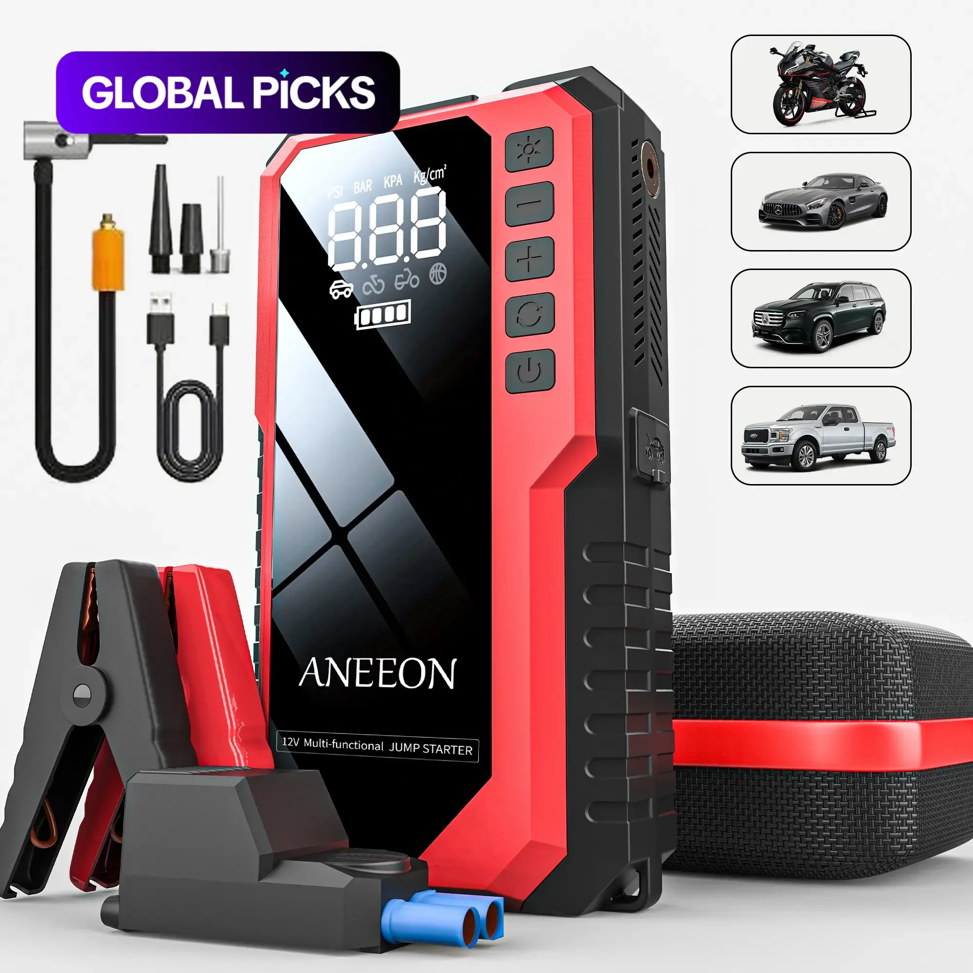 8000mAh Portable Jump Starter with Air Compressor, Automotive 12V Battery Booster for Gasoline and Diesel Vehicles, Fast USB Charging, Multiple Safety Features, Car Essentials #GLOBAL PICKS