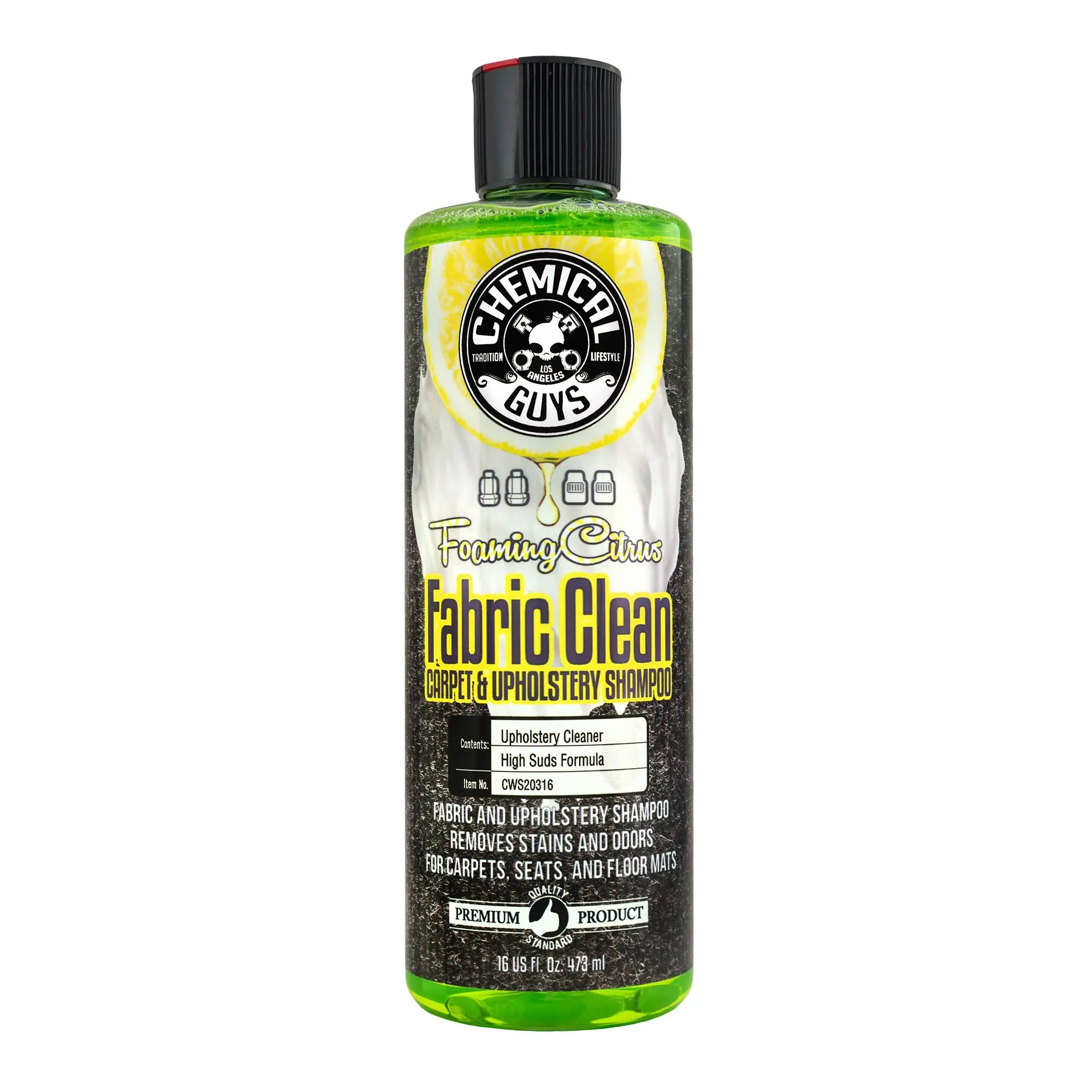 Chemical Guys 32 oz Foaming Citrus Shampoo - Lemon Scented Fabric Cleaner Spray, Automotive Interior Stain Remover for Seats, Carpet & Mats, All-Purpose Cleaning Solution with Brush & Cloth, Household
