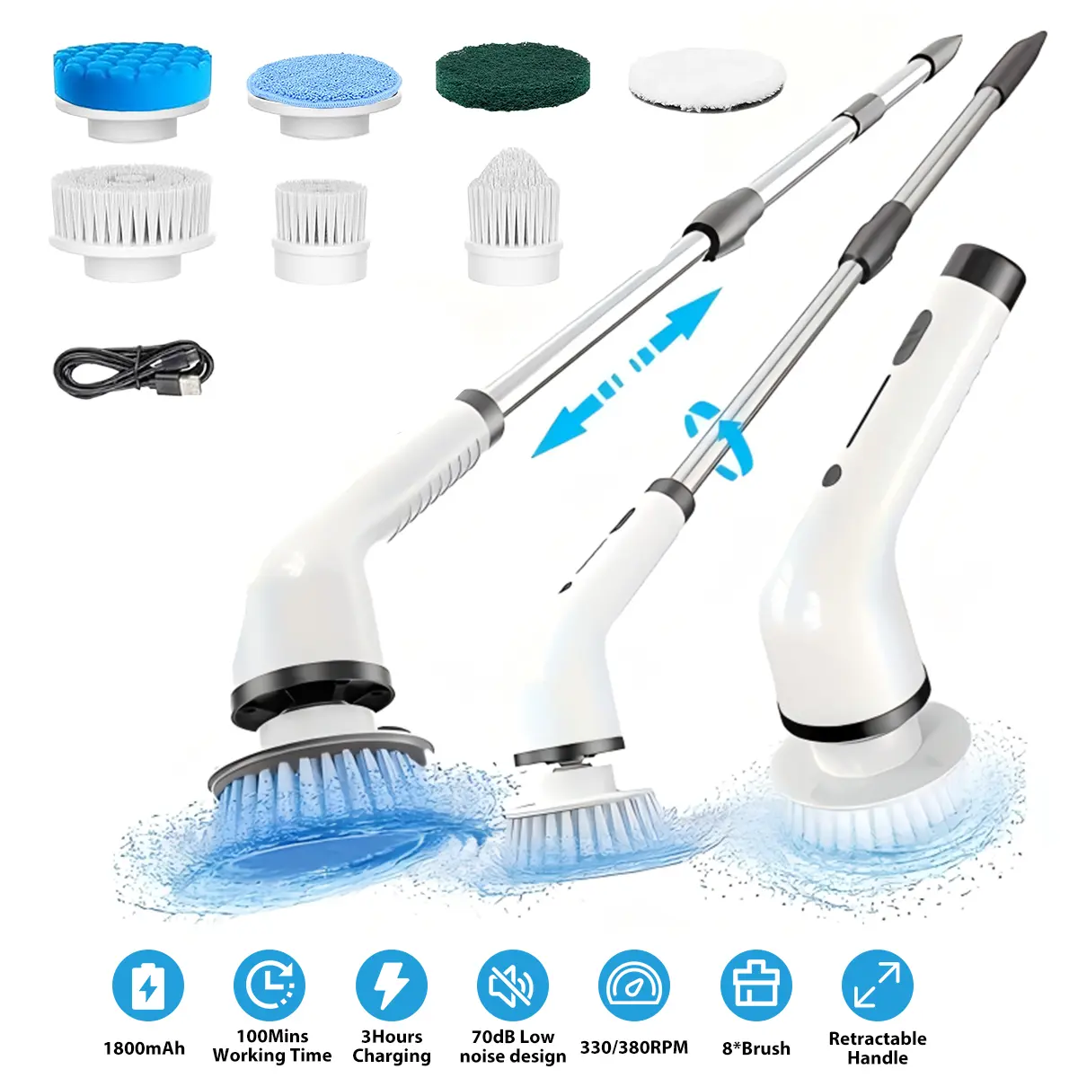 2026 New Model Cordless Handheld Electric Spin Scrubber - IPX7 Rated, Multifunction, Adjustable Speed, Extendable Handle, Long-Lasting Battery, Multi-Surface Brush Kit, Fast Grime Removal, Rinses Clean Under Tap, Father's Day Deep Cleaning House Supplies,