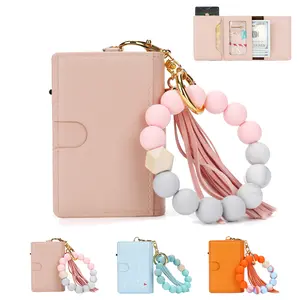 Card Wallet for Women Boho Credit Card Holder KeychainWristlet,Smart Card Wallet, Macaron Color BeadedBracelet,Woman Gift Mini Card Wallet with Tassel