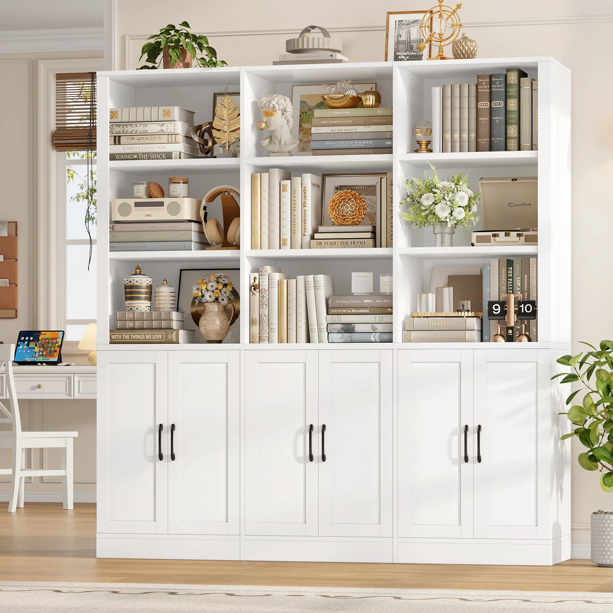 FOTOSOK 70” H x 63” W Triple Wide Bookshelf, Tall Bookshelf and Bookcase with 6 Doors, 5 Tier Book Shelf with 15 Storage Shelves, Tall Book Case Large Bookshelf with Storage Cabinet for Home Office