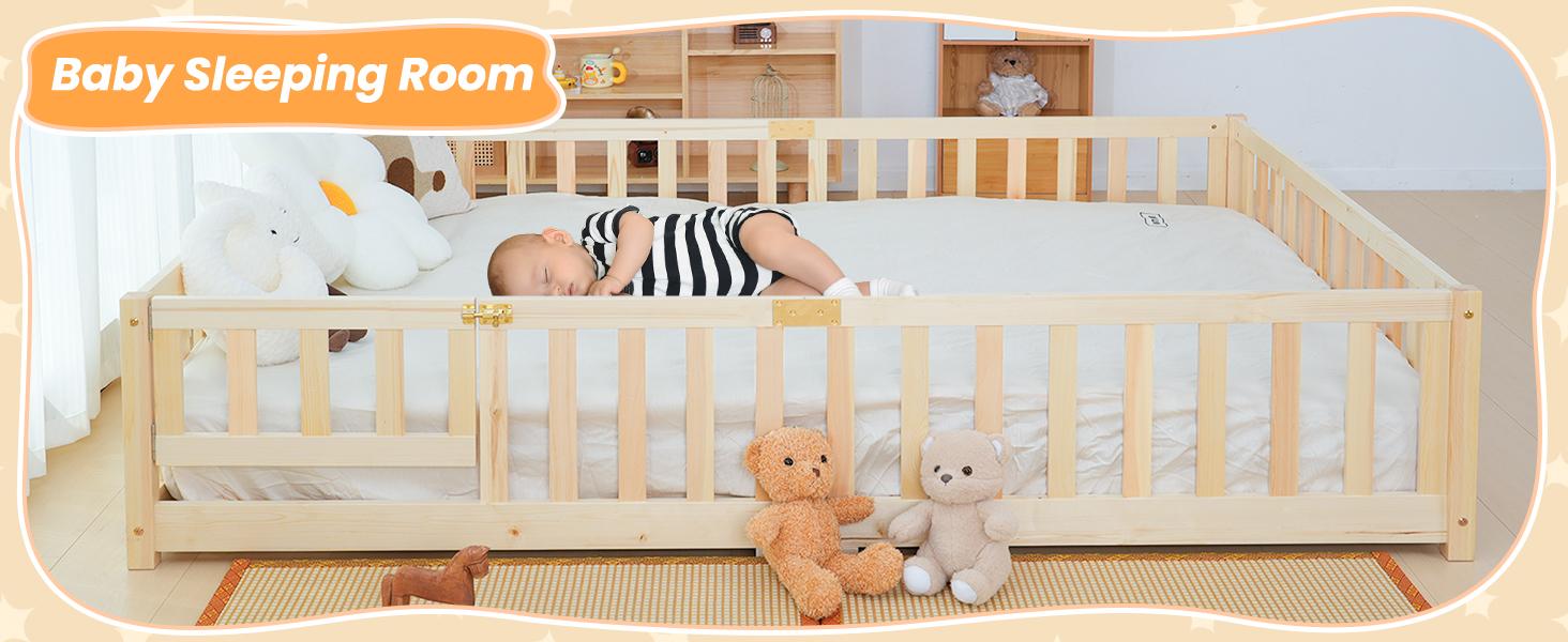 Naudacaa Twin/Full Size Montessori Floor Bed for Kids Solid Wood Frame with Fence Door & Safety Guardrails CPC Certified
