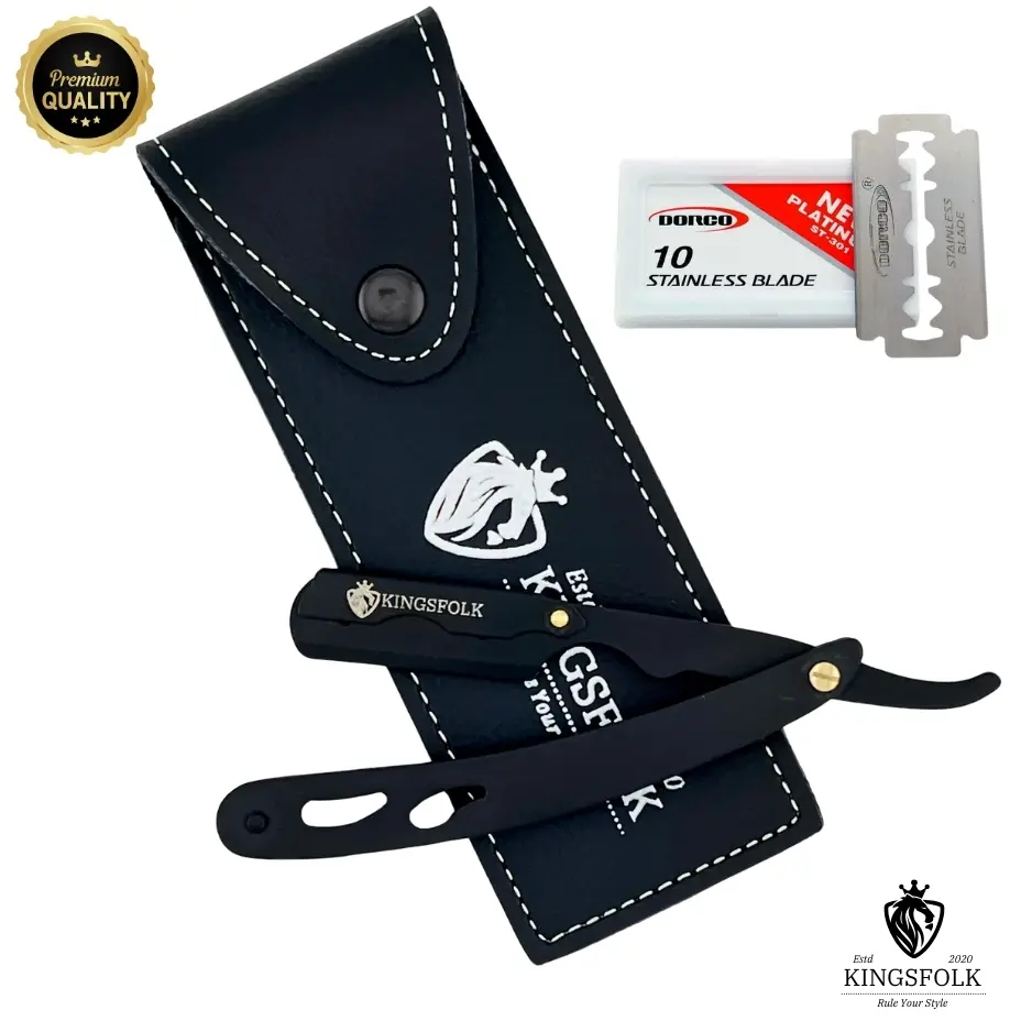 Professional Traditional Barber Straight Razor with Solid Stainless Steel Ergonomic Handles, 10 Free Double Edge Blades, Sleek Leather Storage Pouch, Rust-Proof Men's Shaving Kit for Styling