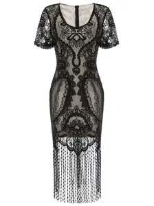 Black 1920s Back Bow Tassel Flapper Dress goddess Elegant Formal Wear