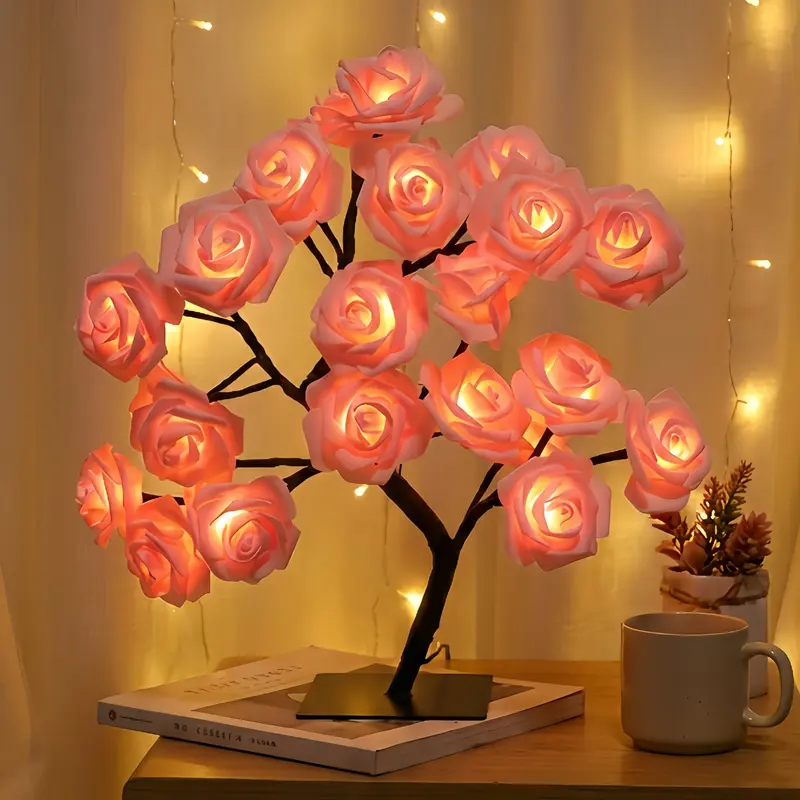 Romantic Rose Tree Lamp USB Plug-in Model Home Decor Party Lights Pink & White Table Lamp for Bedroom Living Room Ideal Gift for Birthdays