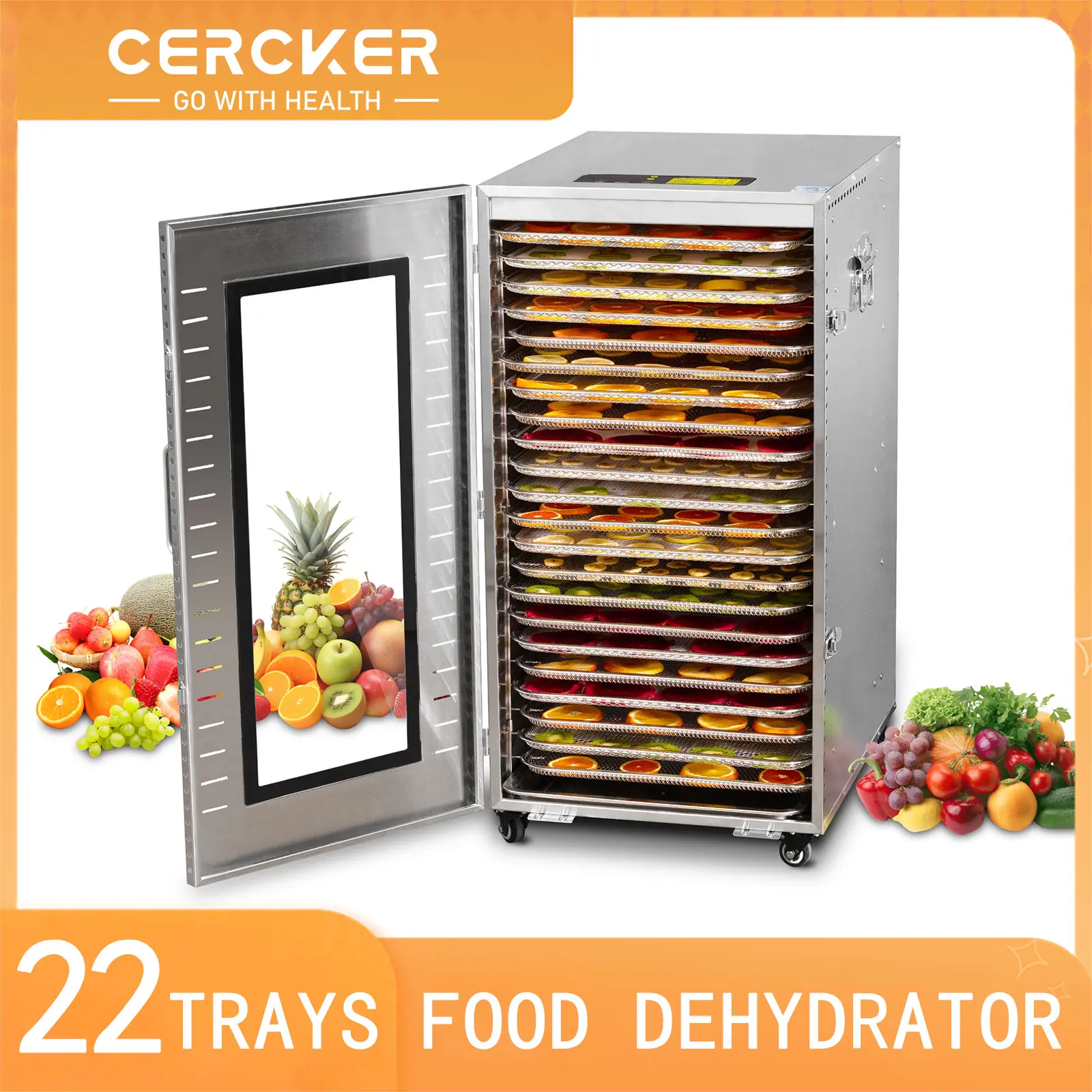 Cercker Commercial Stainless Steel Food Dehydrator - Kitchen Appliances, Kitchen Supplies, 22 Dishwasher-Safe Silicone Trays, 37.5in Large Capacity, 70ºF-190ºF Temp Range, 110V AC Parallel Dual-Plug System, for Fruit, Meat Jerky, Screwdriver, Cookbook