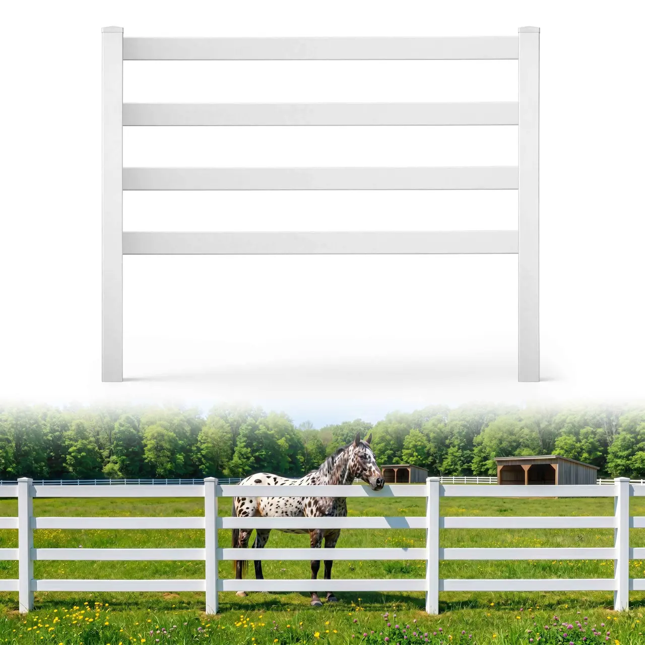 Fencer Wire 4-Rail Vinyl Ranch Fence Kit, 5ft H x 200ft W, White PVC Fence System with 7ft Posts & 8ft Rails, UV-Resistant, Easy Installation, Durable Outdoor Fencing for Ranch, Yard & Farm