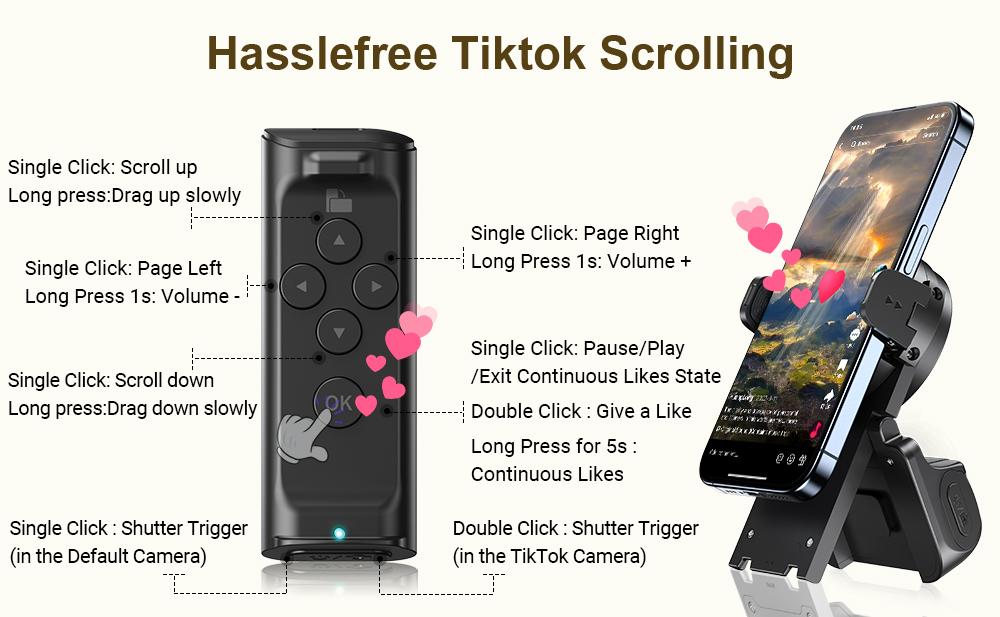 Remote Control for TikTok Scrolling, Wireless Page Turner & Selfie with Smartphone Holder Stand - Camera Video Recording Remote for iPhone, Android, Kindle App Cellphone,Upgraded