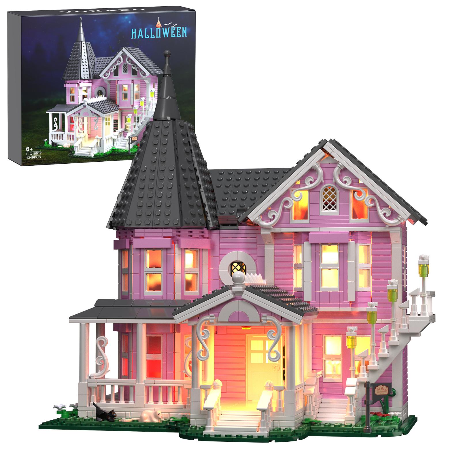 Classic Halloween Pink Mansion Building Blocks Set with LED Lighting, Piano Room, Kitchen, Attic, Bedroom, Living Room Included, Perfect Halloween & Christmas Toys and Gifts for Fans and Kids (1346 pcs) Playhouse