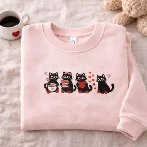 [MADE IN US] Embroidered Cute Cat Sweatshirt, Valentines Day Cat Shirt, Embroidered Cat Mama Hoodie, Cute Valentines Day Sweater, Valentines Day Meow Tee