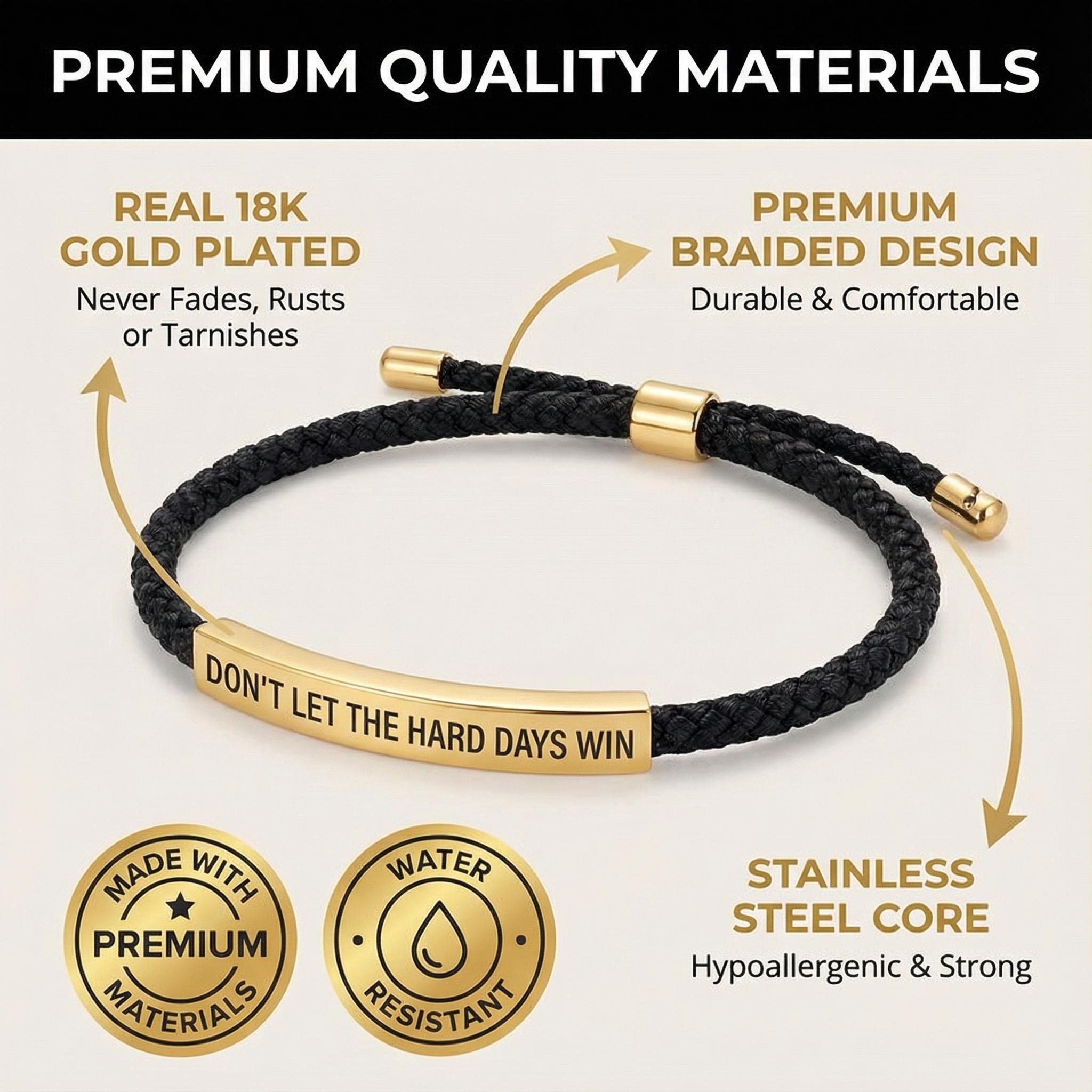 Don't Let The Hard Days Win Inspire Bracelet - Stainless Steel & 18k Gold Plated Braided Design with Engraved Message - Adjustable Up to 10" Don't Let The Hard Days Win Inspire Bracelet - Stainless Steel & 18k Gold Plated Braided Design with Engraved Message - Adjustable Up to 10"